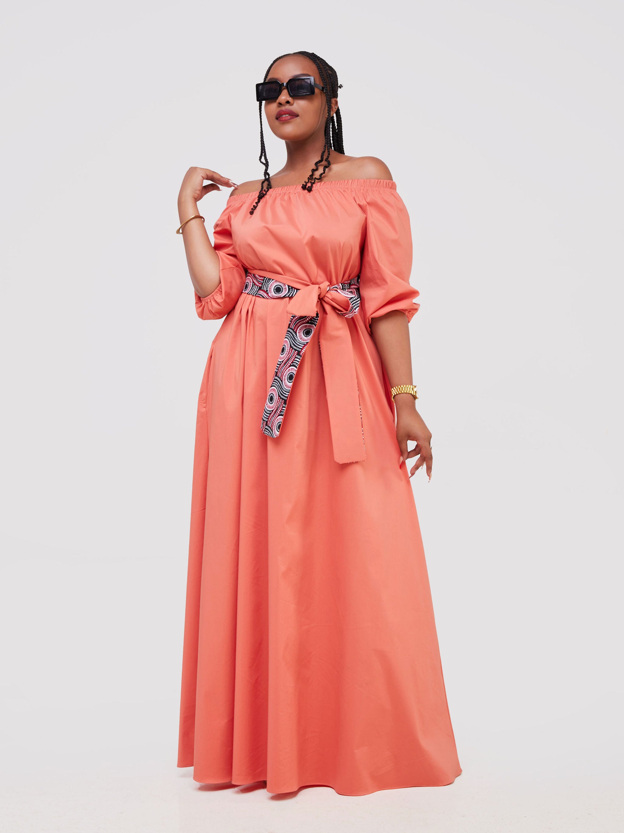 Safari Tawi 3/4 Sleeve Off Shoulder Maxi - Coral