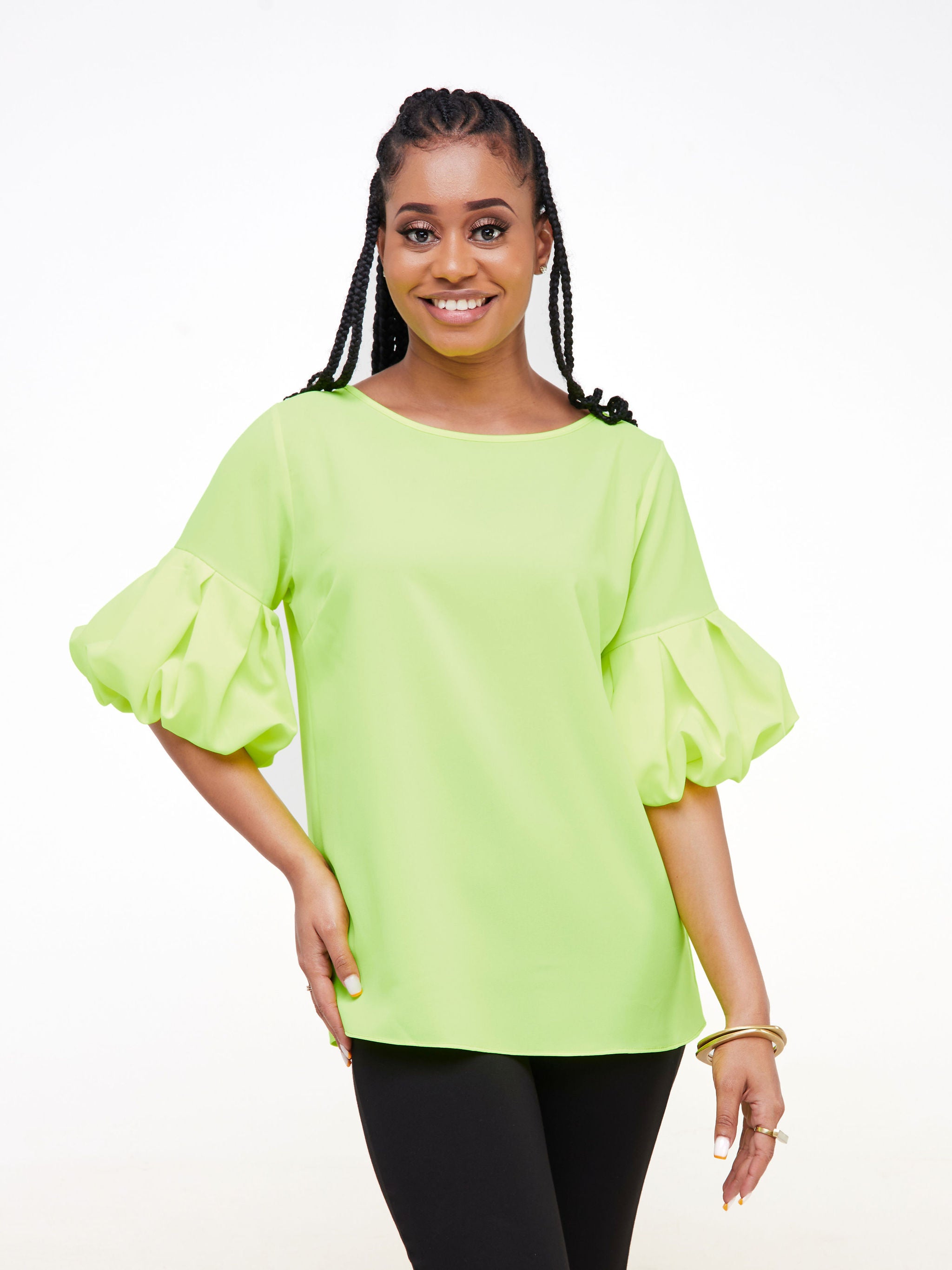 Vivo Basic Boundneck Puff Sleeve Top - Lime Green