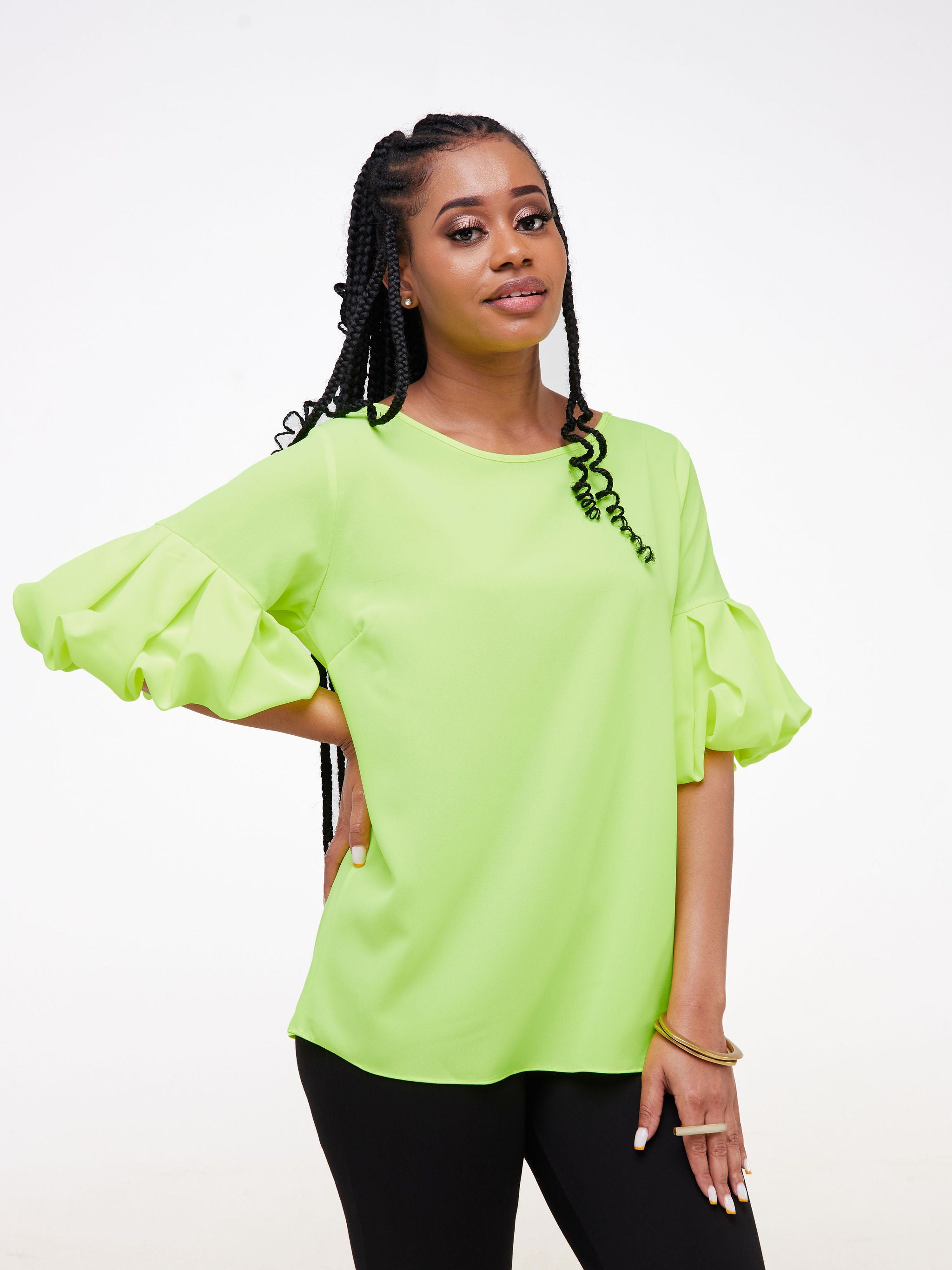 Vivo Basic Boundneck Puff Sleeve Top - Lime Green