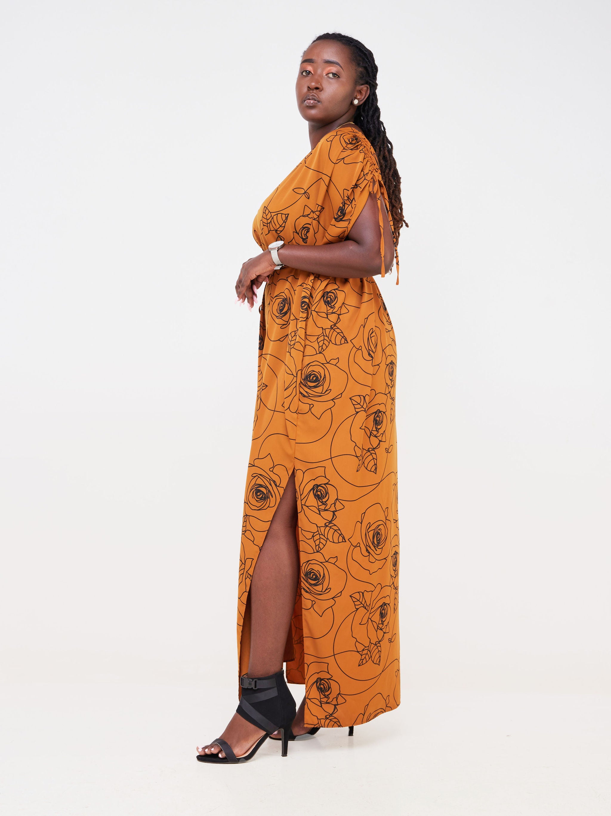 Vivo Dali Drawstring Shoulder Maxi Dress - Brown / Black Rose Abstract Print