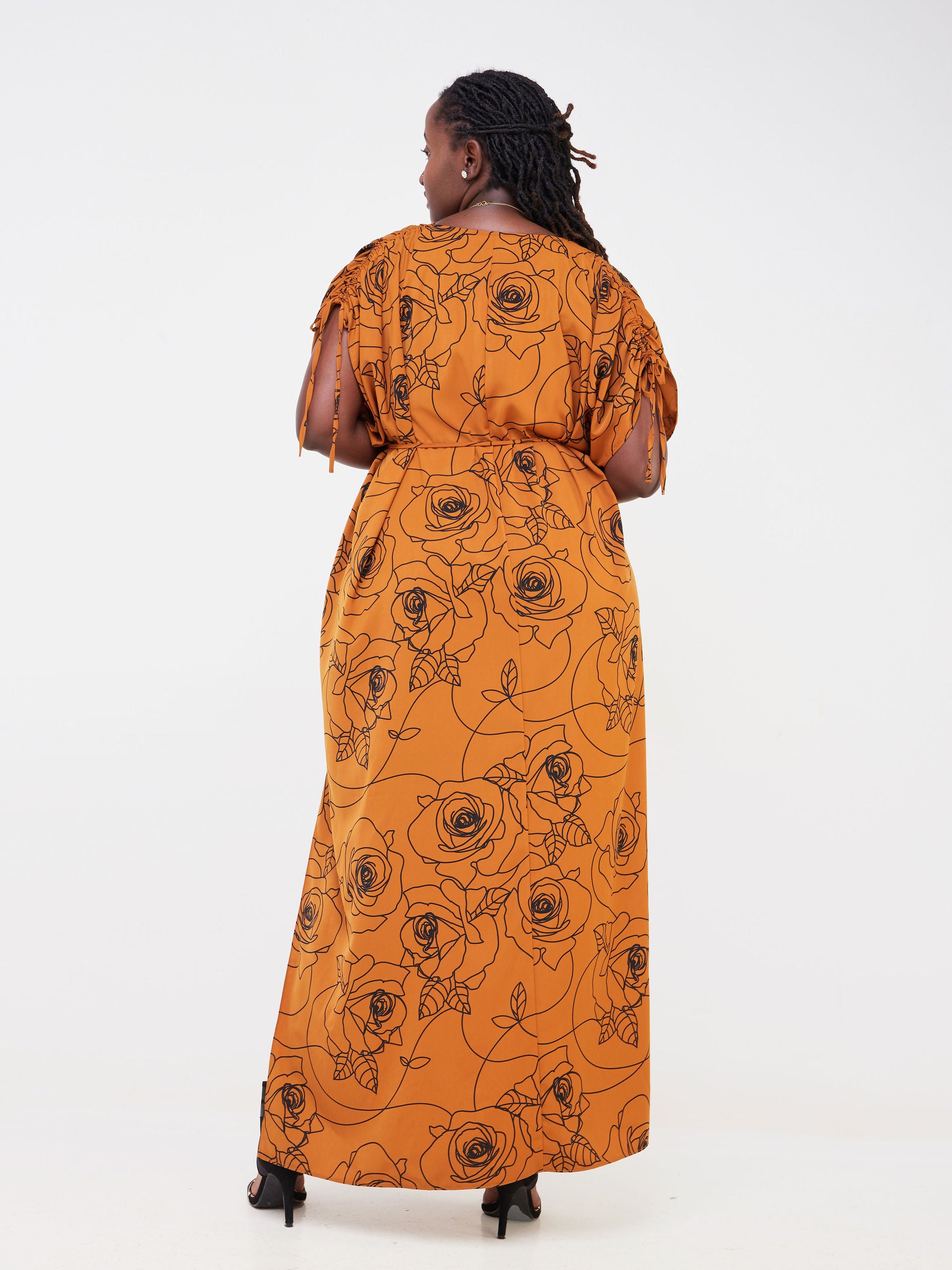 Vivo Dali Drawstring Shoulder Maxi Dress - Brown / Black Rose Abstract Print