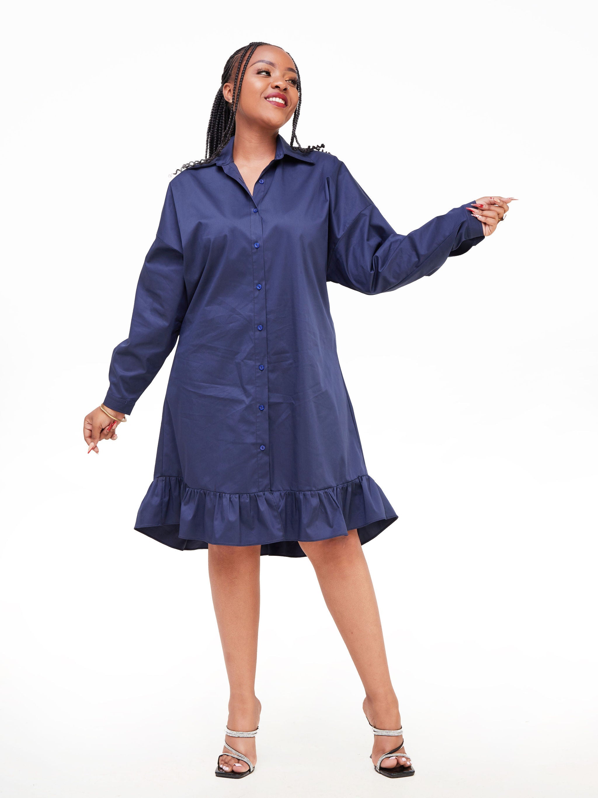 Safari Kaya Long Sleeve Dolman Flounce Shirt Dress - Navy Blue