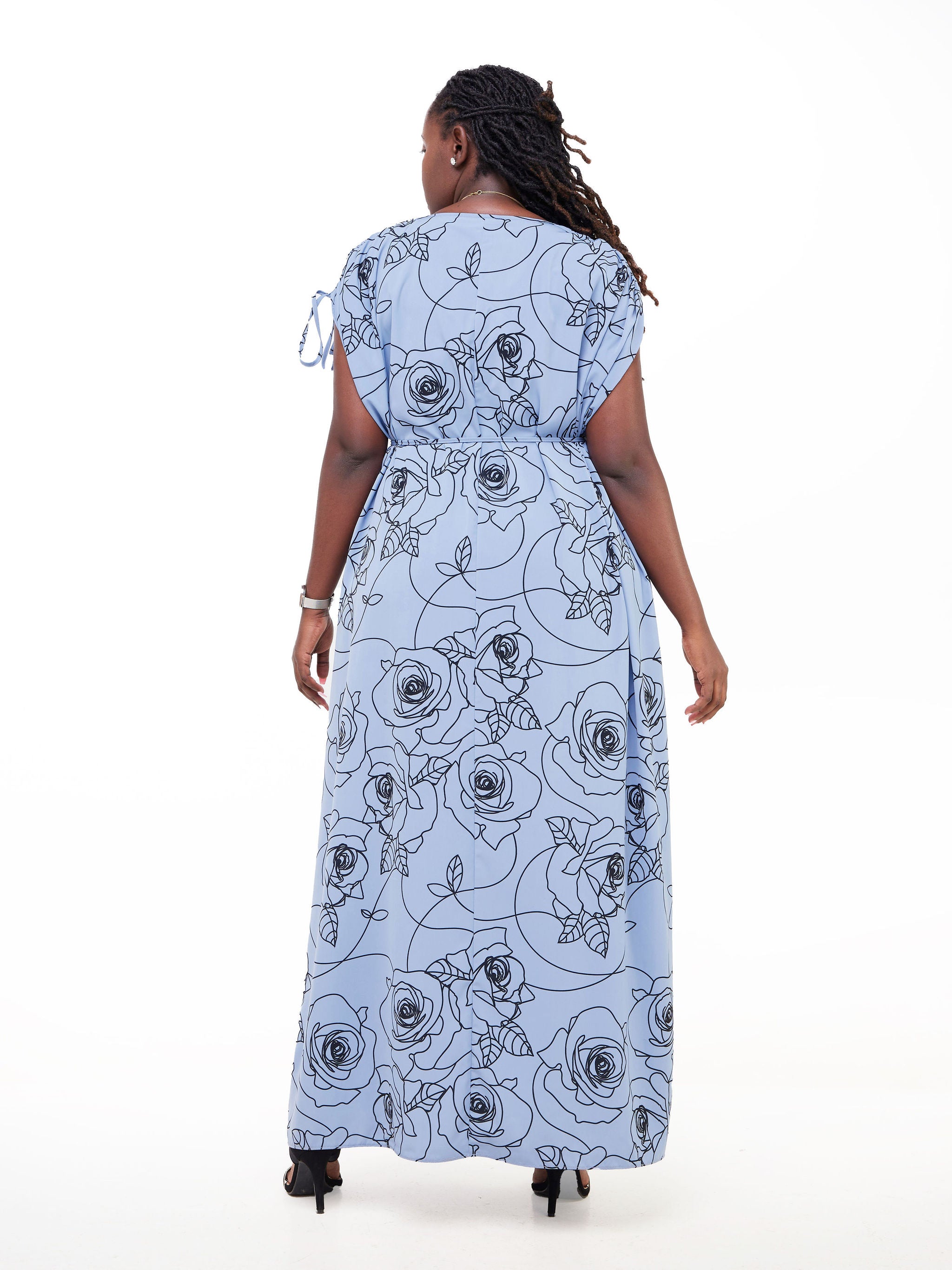 Vivo Dali Drawstring Shoulder Maxi Dress - Light Blue / Black Rose Abstract Print