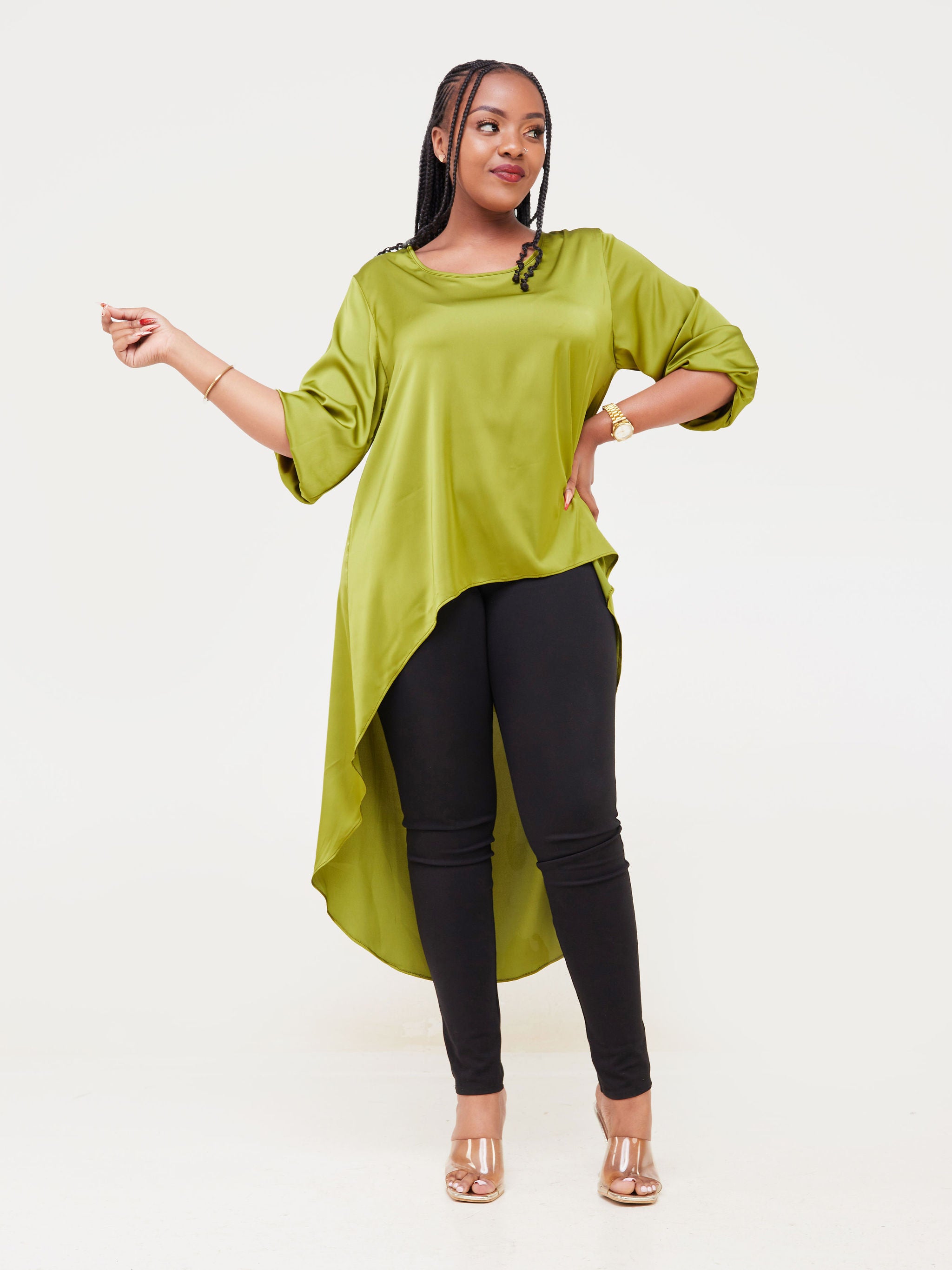 Vivo Basic Nalia Satin High Low Top - Olive Green