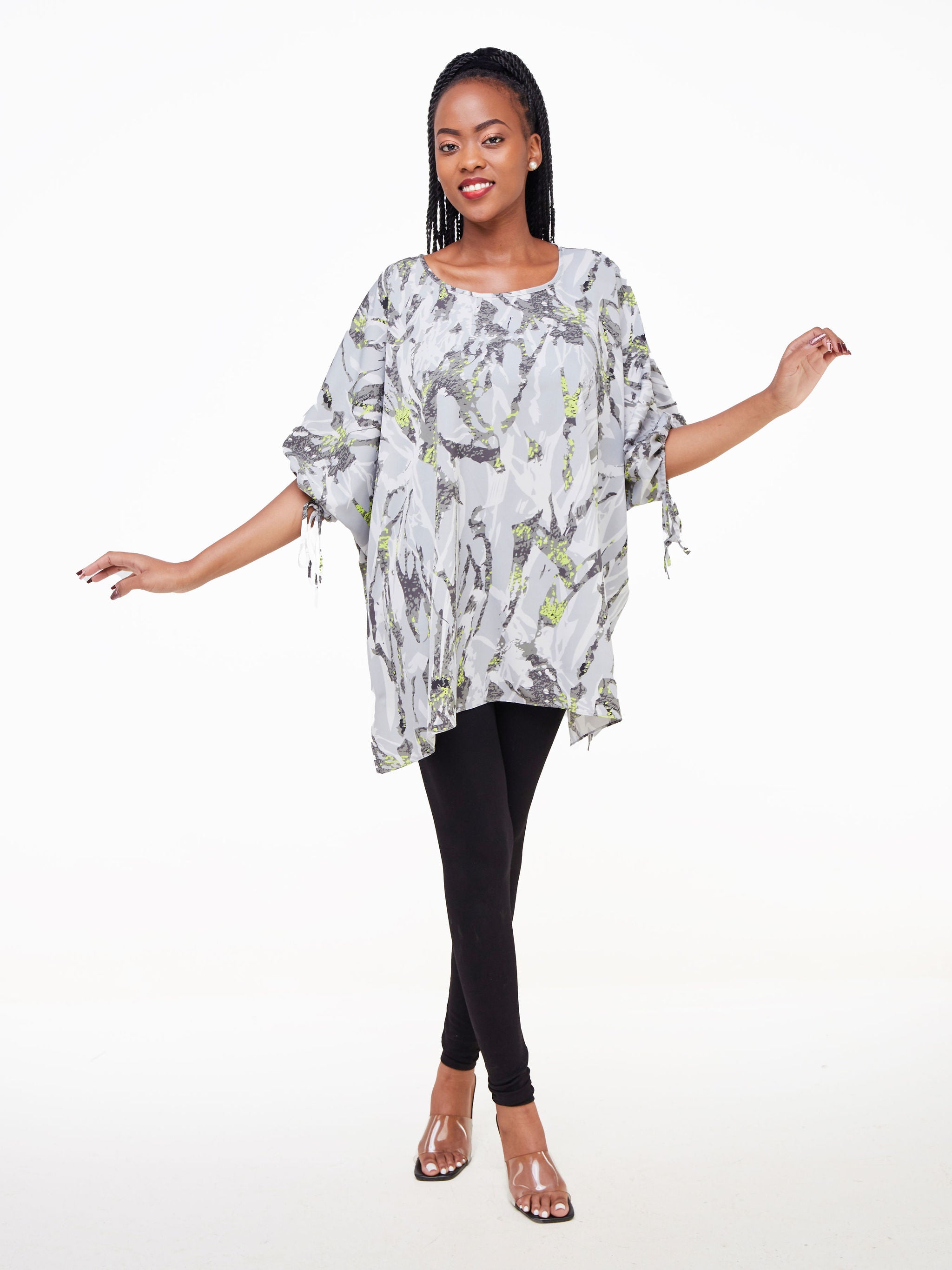 Vivo Dali Drop Shoulder Tie Top - Grey / Lime Green Abstract Print