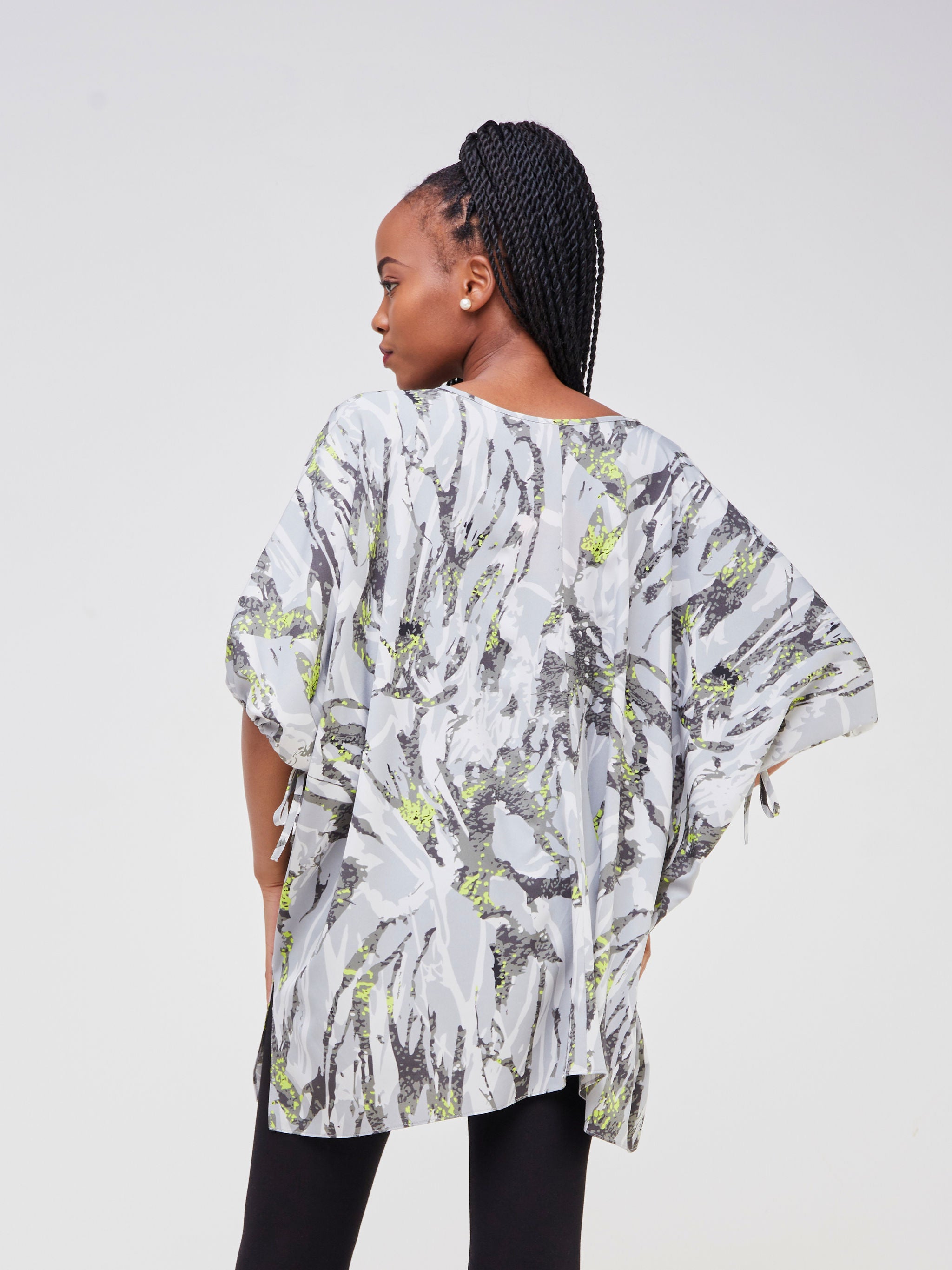 Vivo Dali Drop Shoulder Tie Top - Grey / Lime Green Abstract Print