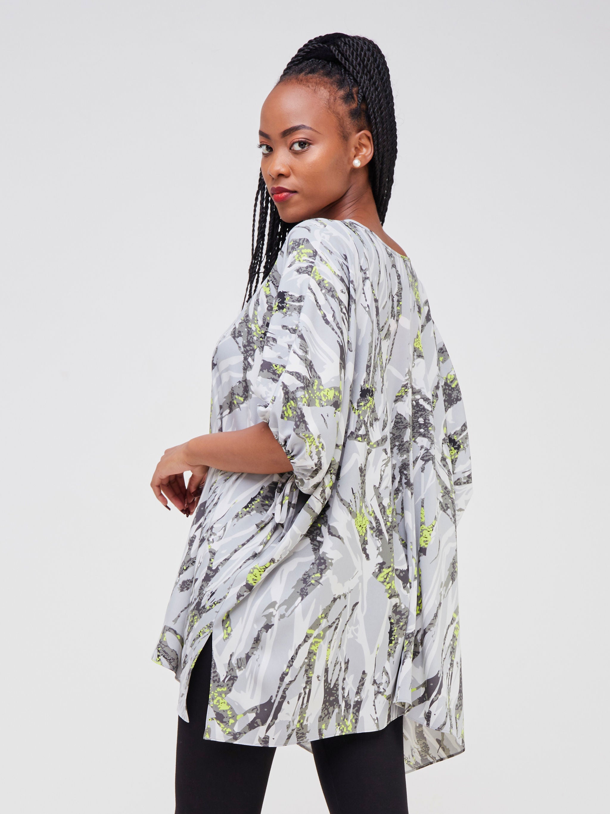 Vivo Dali Drop Shoulder Tie Top - Grey / Lime Green Abstract Print