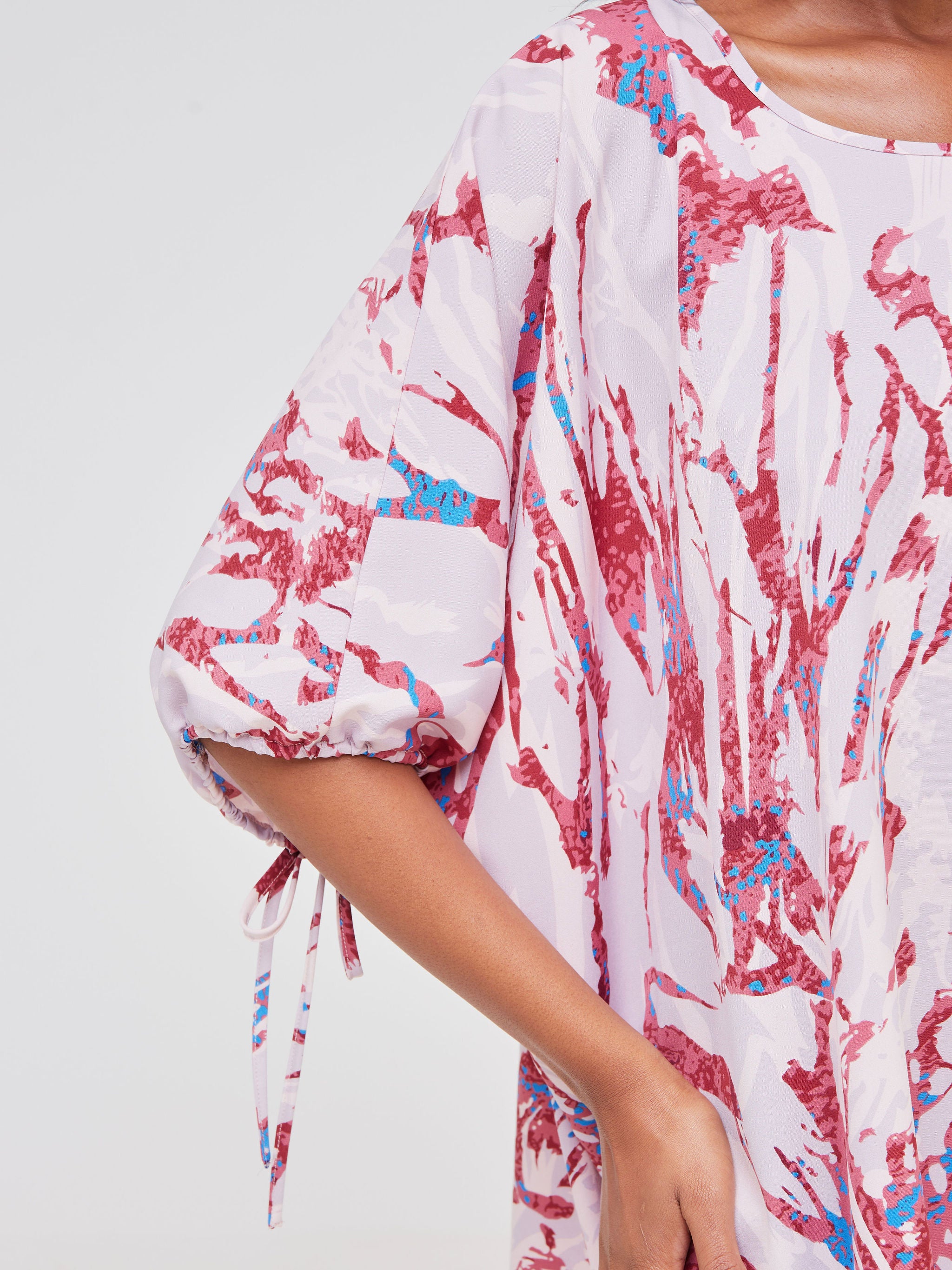 Vivo Dali Drop Shoulder Tie Top - Burgundy / Blue Abstract Print