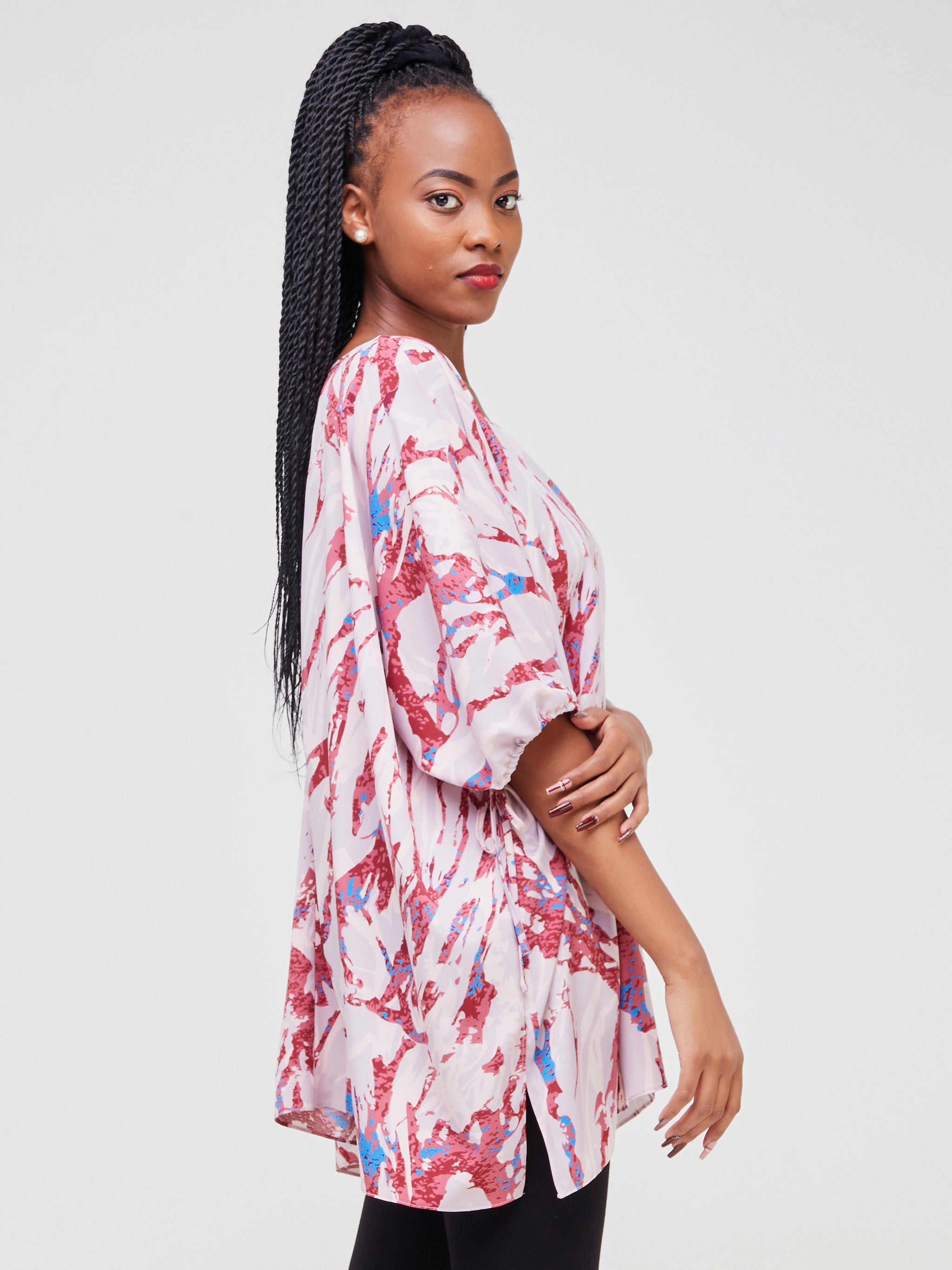 Vivo Dali Drop Shoulder Tie Top - Burgundy / Blue Abstract Print