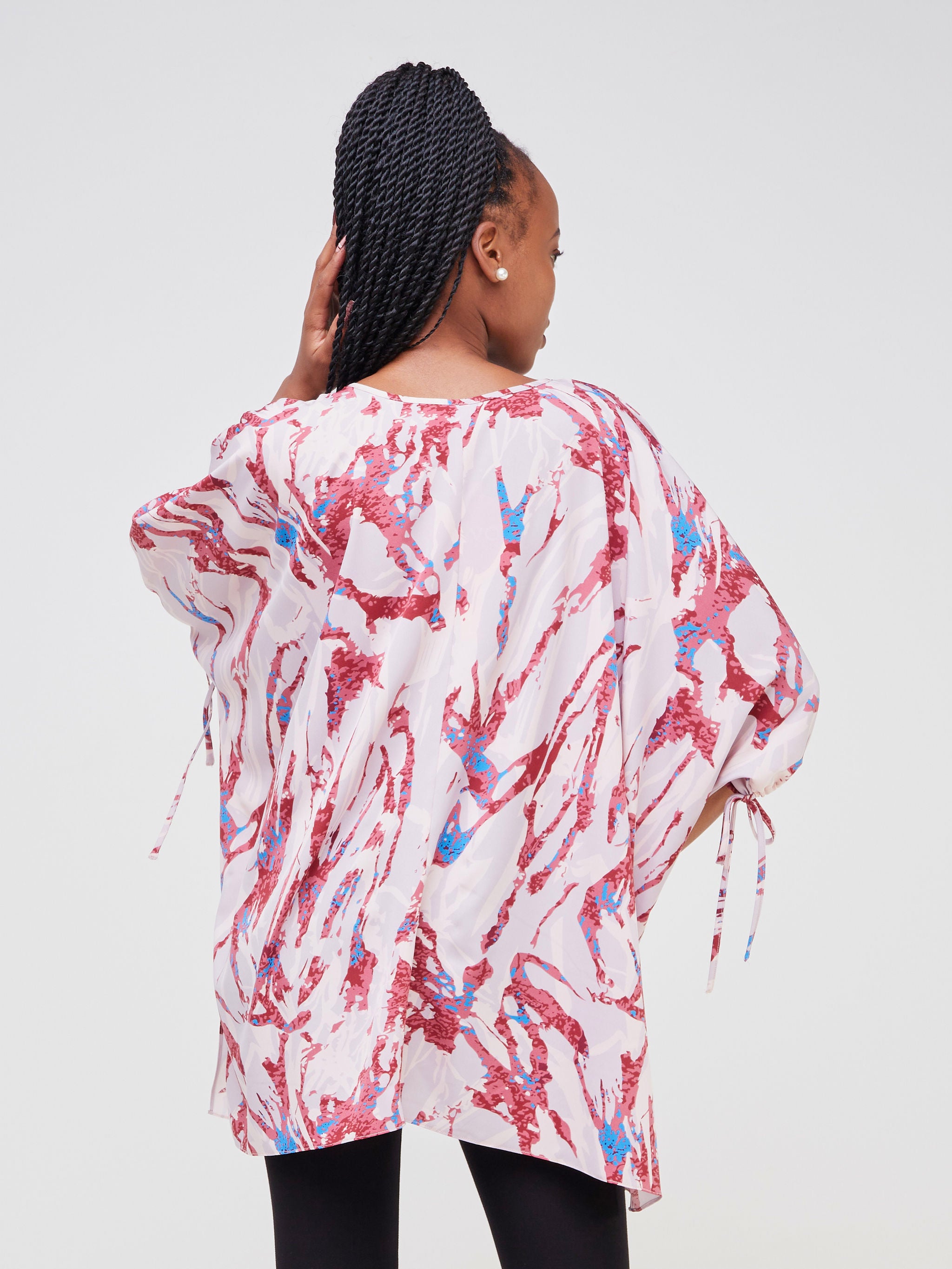 Vivo Dali Drop Shoulder Tie Top - Burgundy / Blue Abstract Print