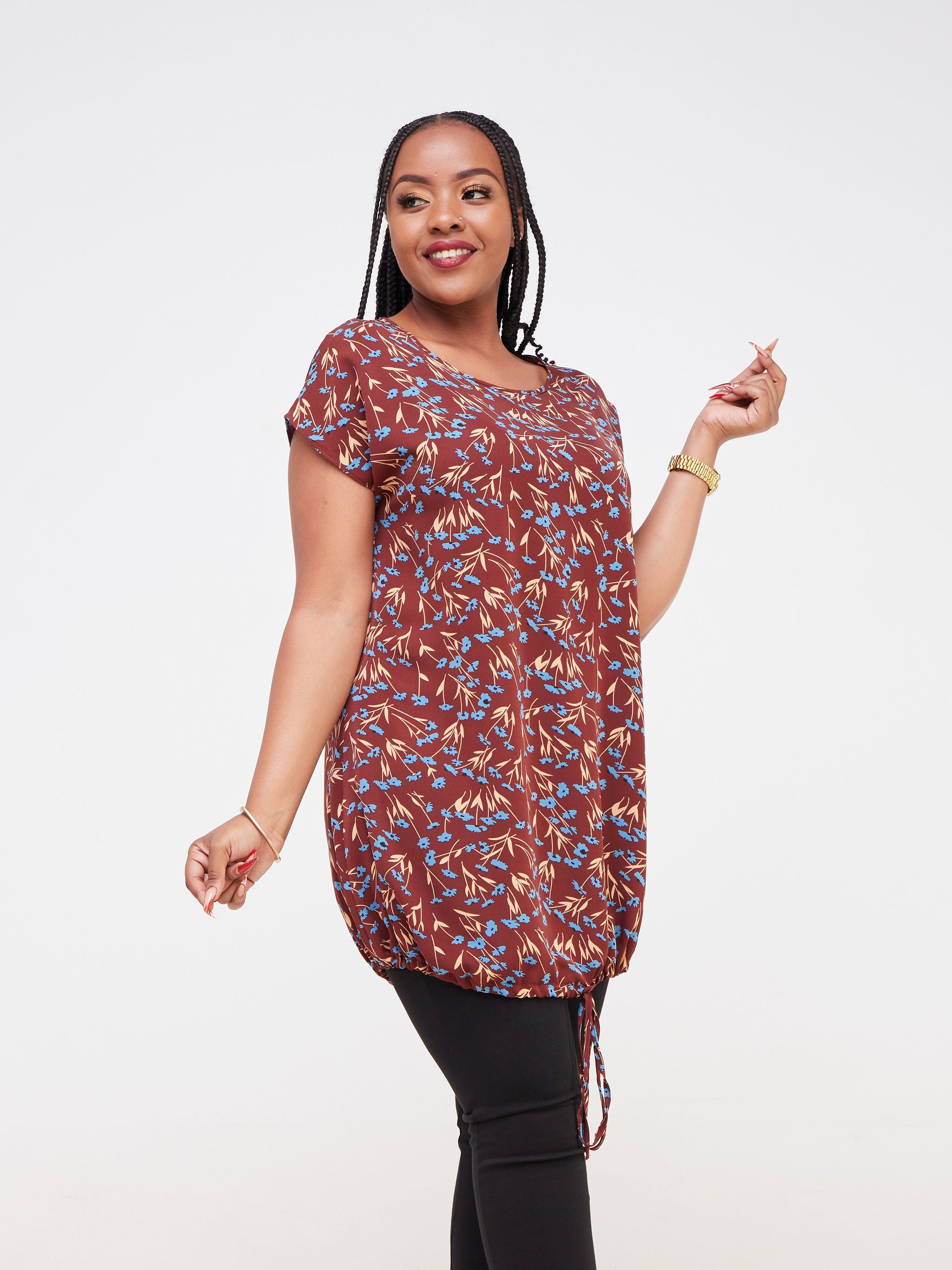 Vivo Dali Drop Shoulder Drawstring Tunic - Brown / Blue Floral Print