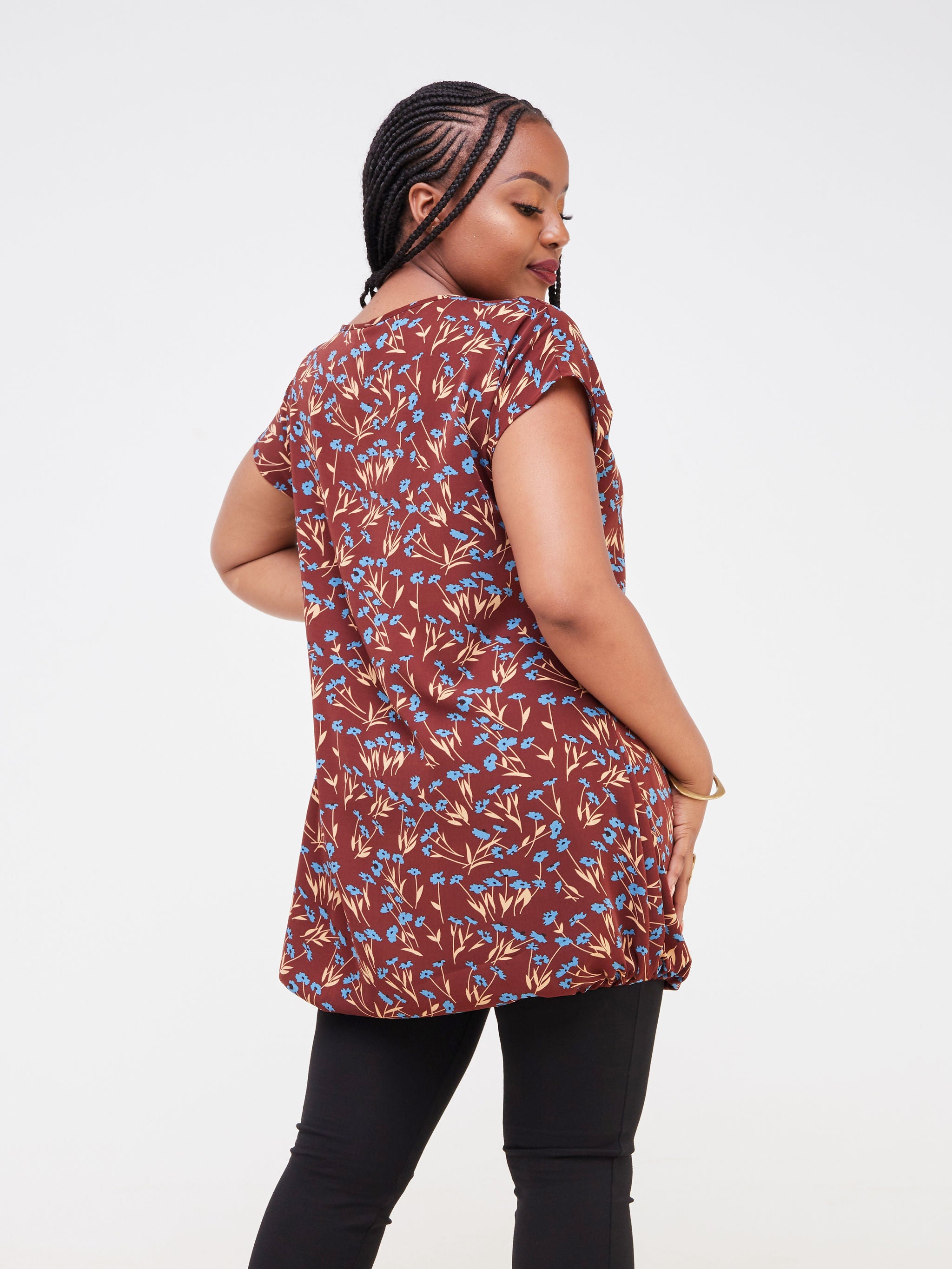 Vivo Dali Drop Shoulder Drawstring Tunic - Brown / Blue Floral Print