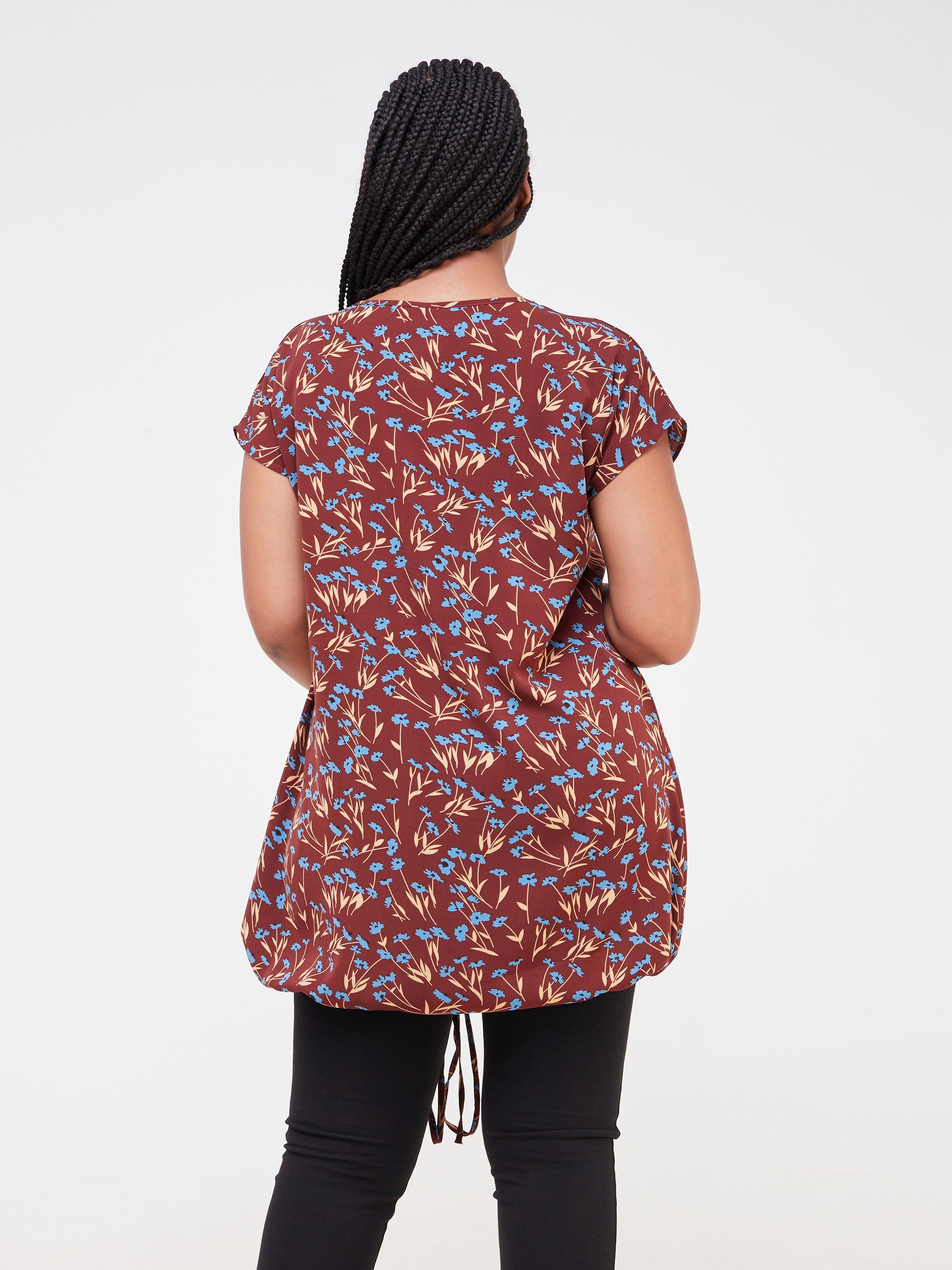 Vivo Dali Drop Shoulder Drawstring Tunic - Brown / Blue Floral Print