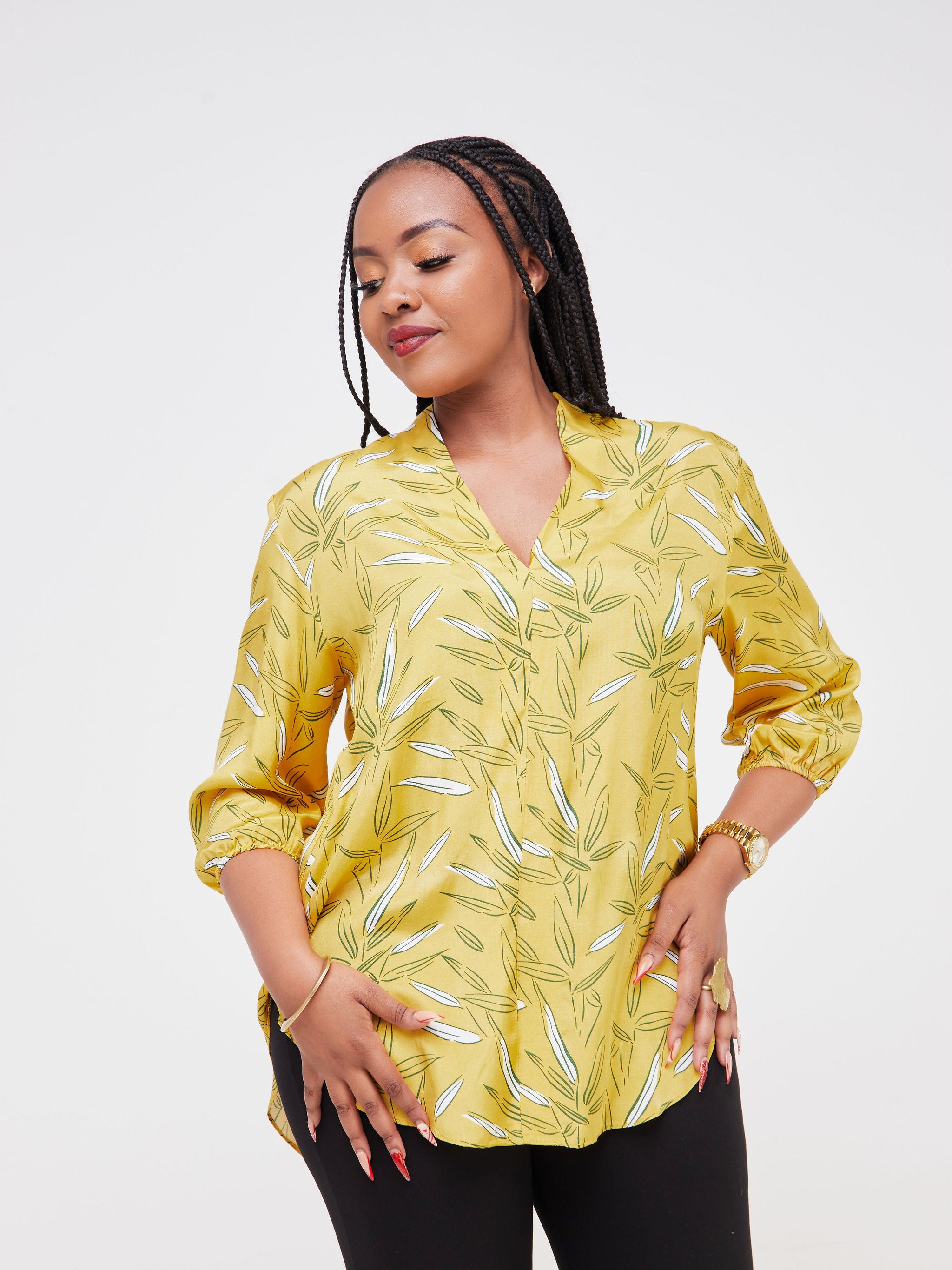 Vivo Dua Shirt - Yellow / Green Leaf Print
