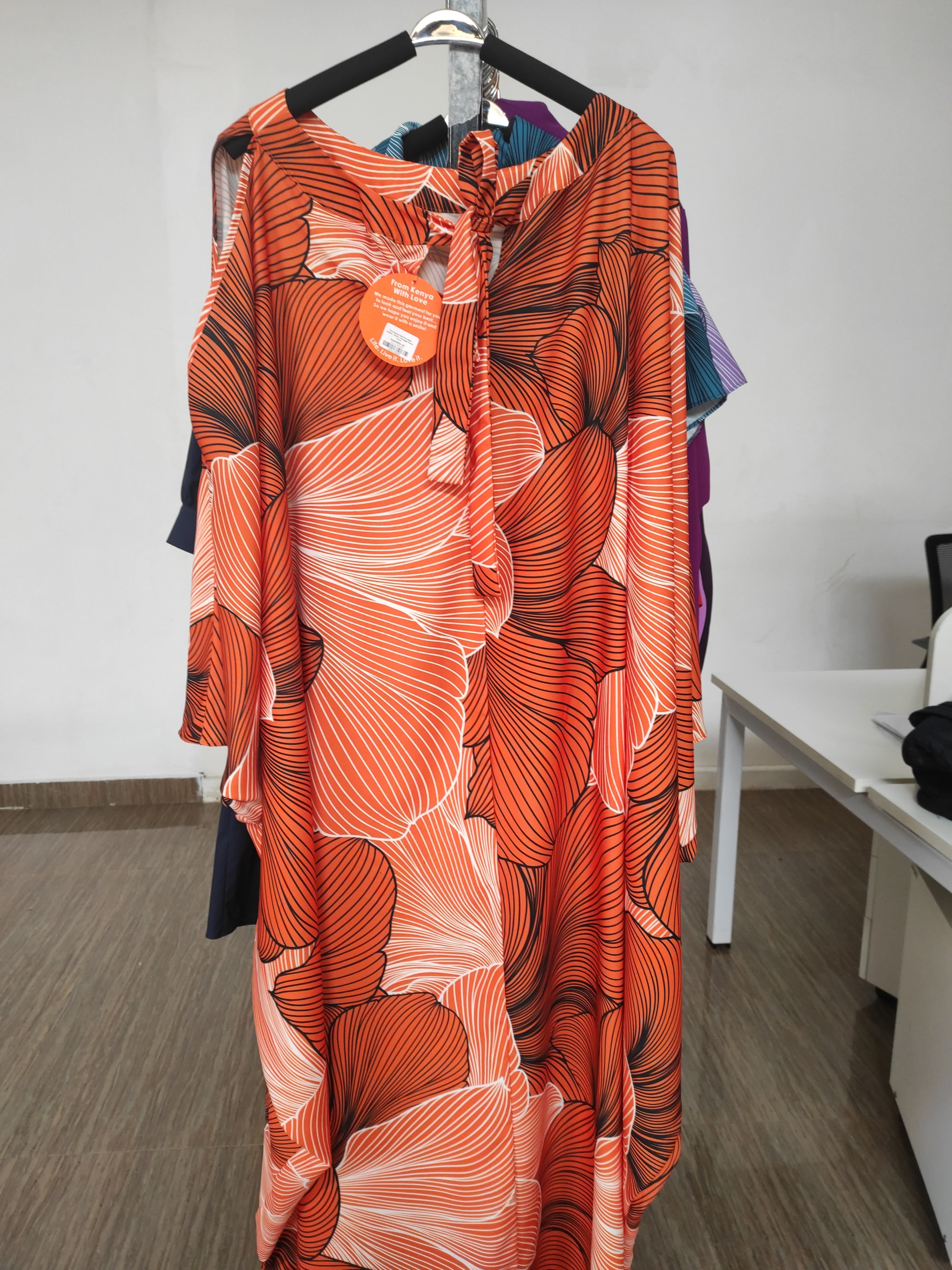 Vivo Asika Cold Shoulder Kaftan - Black / Orange Floral Print