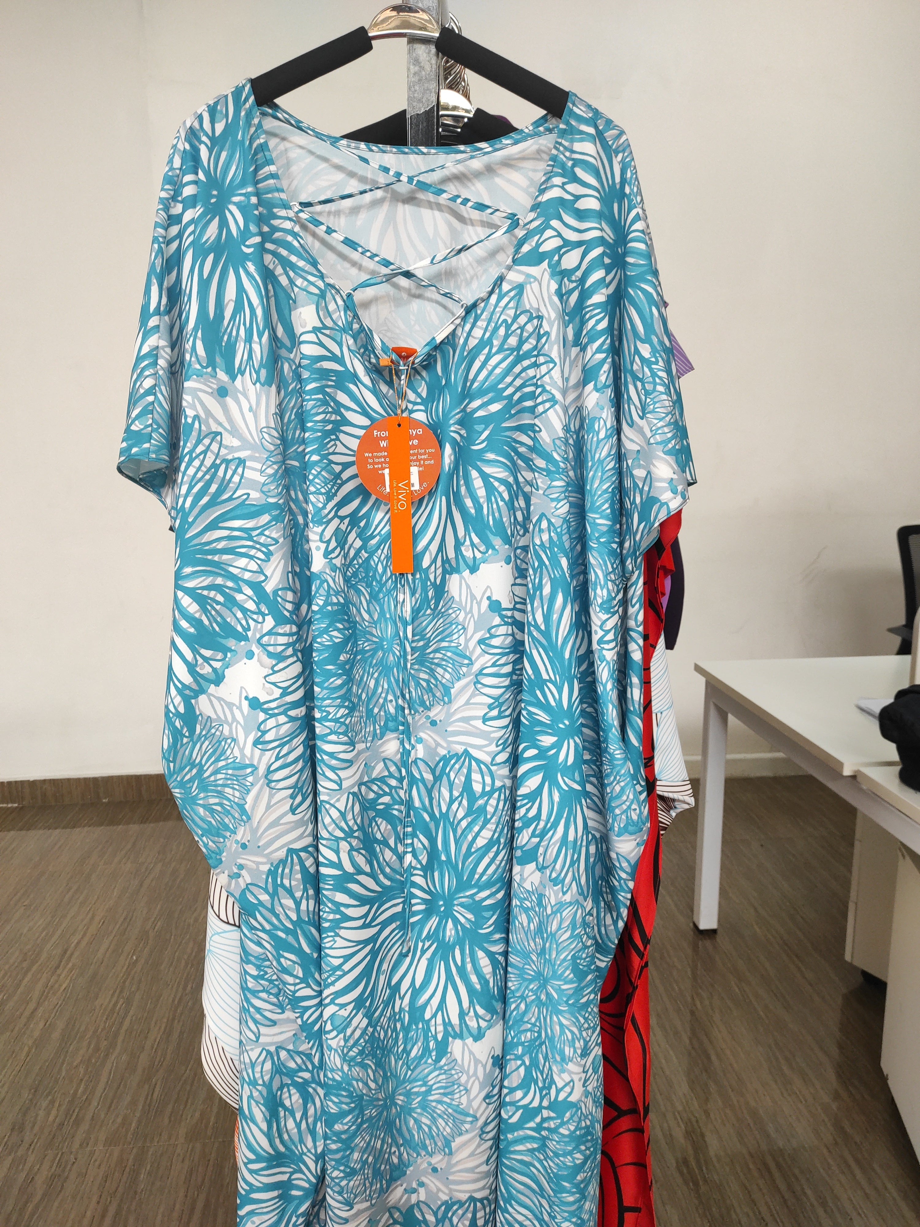 Vivo Asika Low Back Kaftan - Teal Dandelion Floral Print