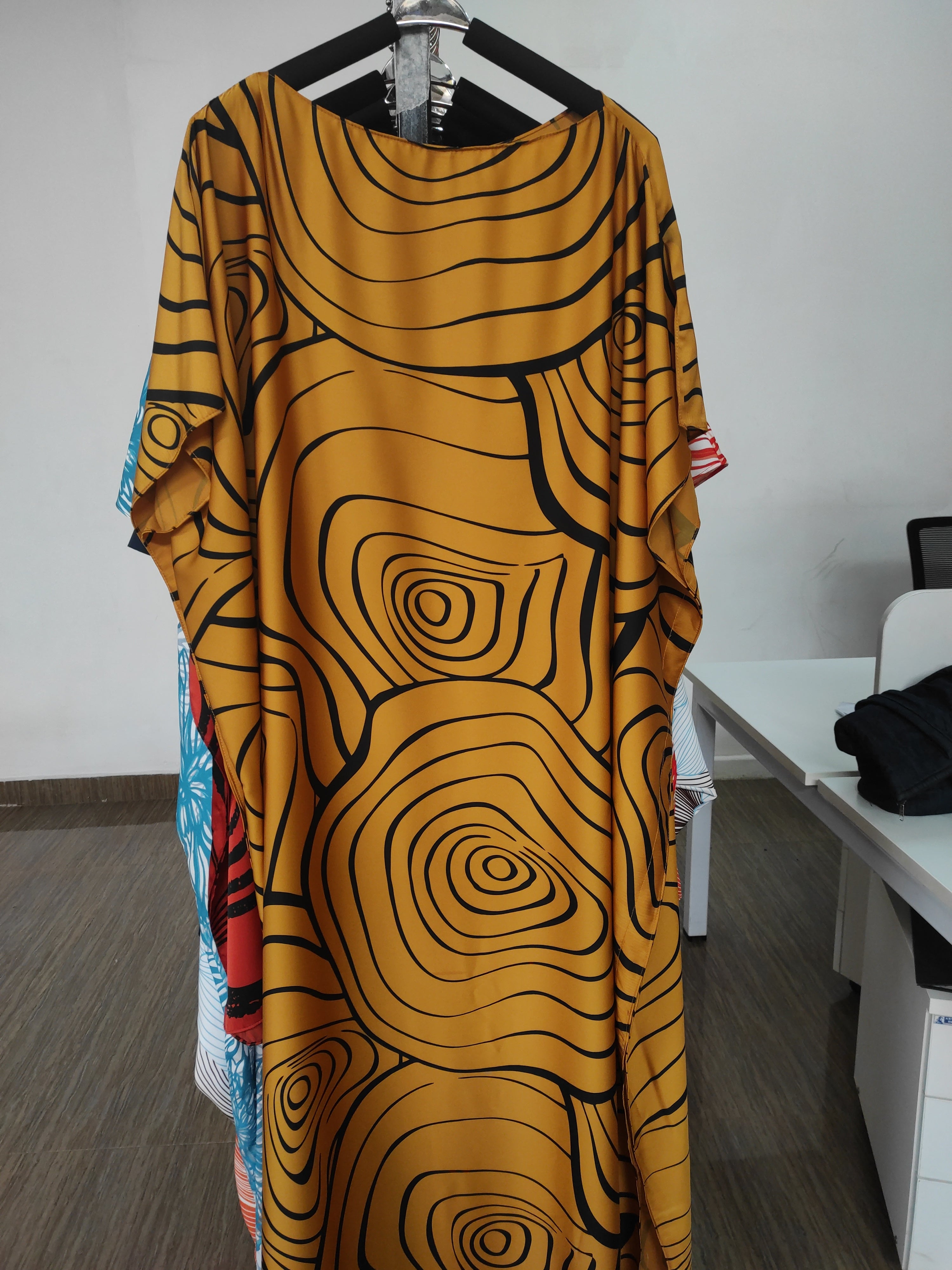 Vivo Asika Maxi Kaftan - Mustard / Black Abstract Print