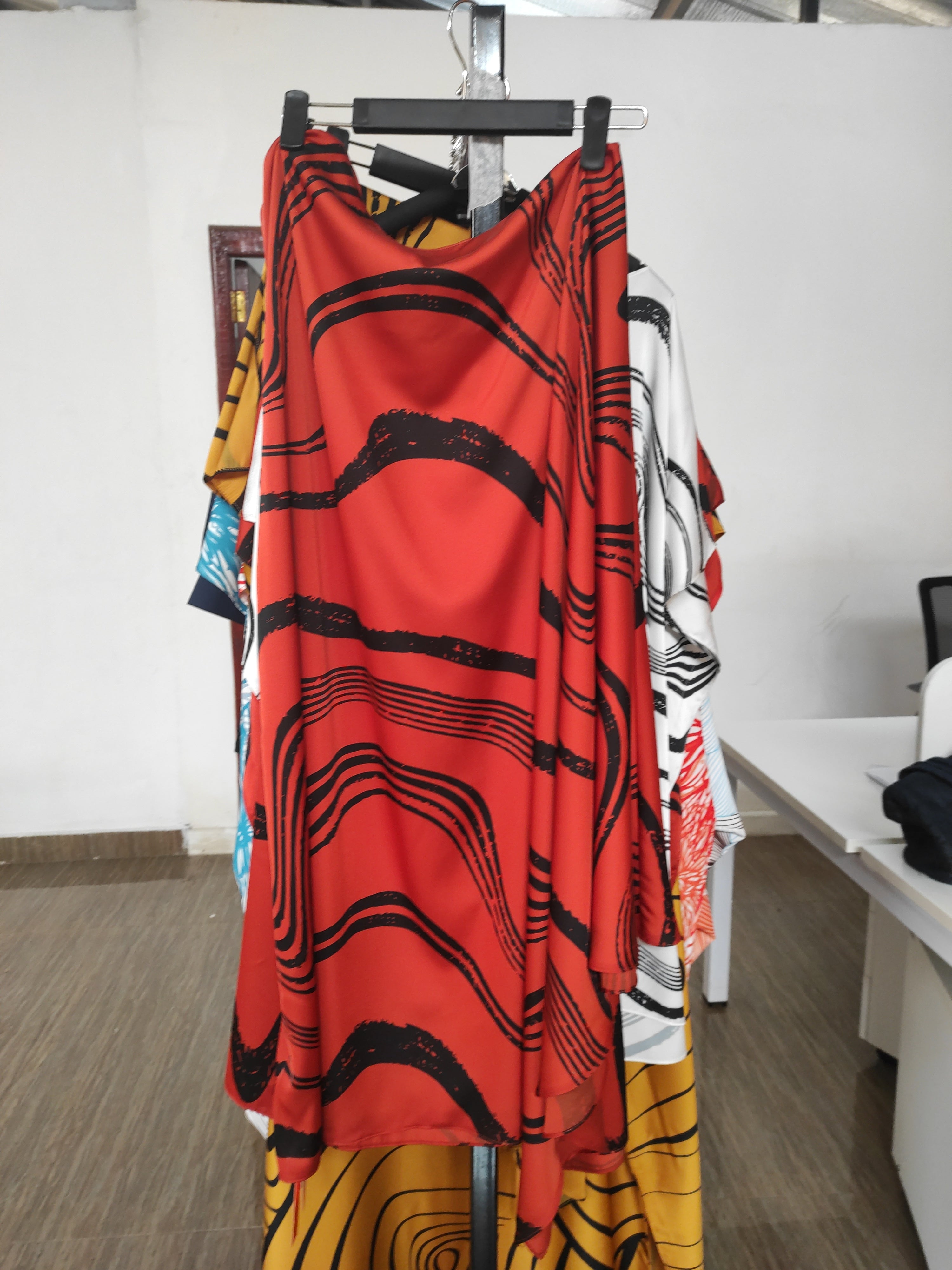 Vivo Asika One Shoulder Square Dress - Rust / Black Abstract Print