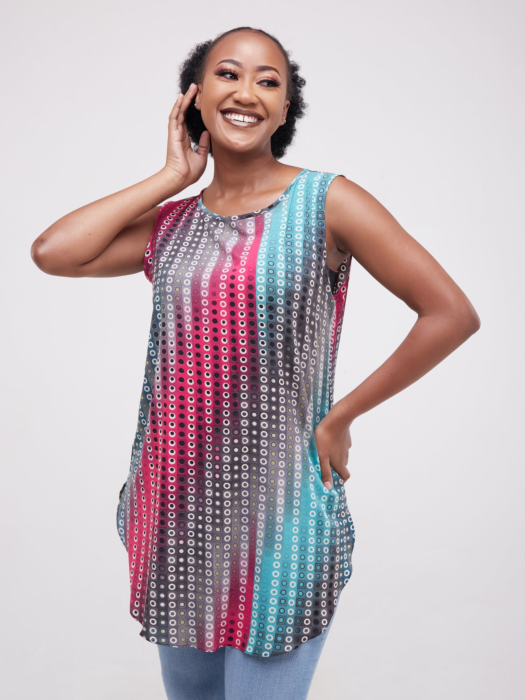 Vivo Tsavo Sleeveless Scalloped Hem Dress Top - Pink / Blue Print