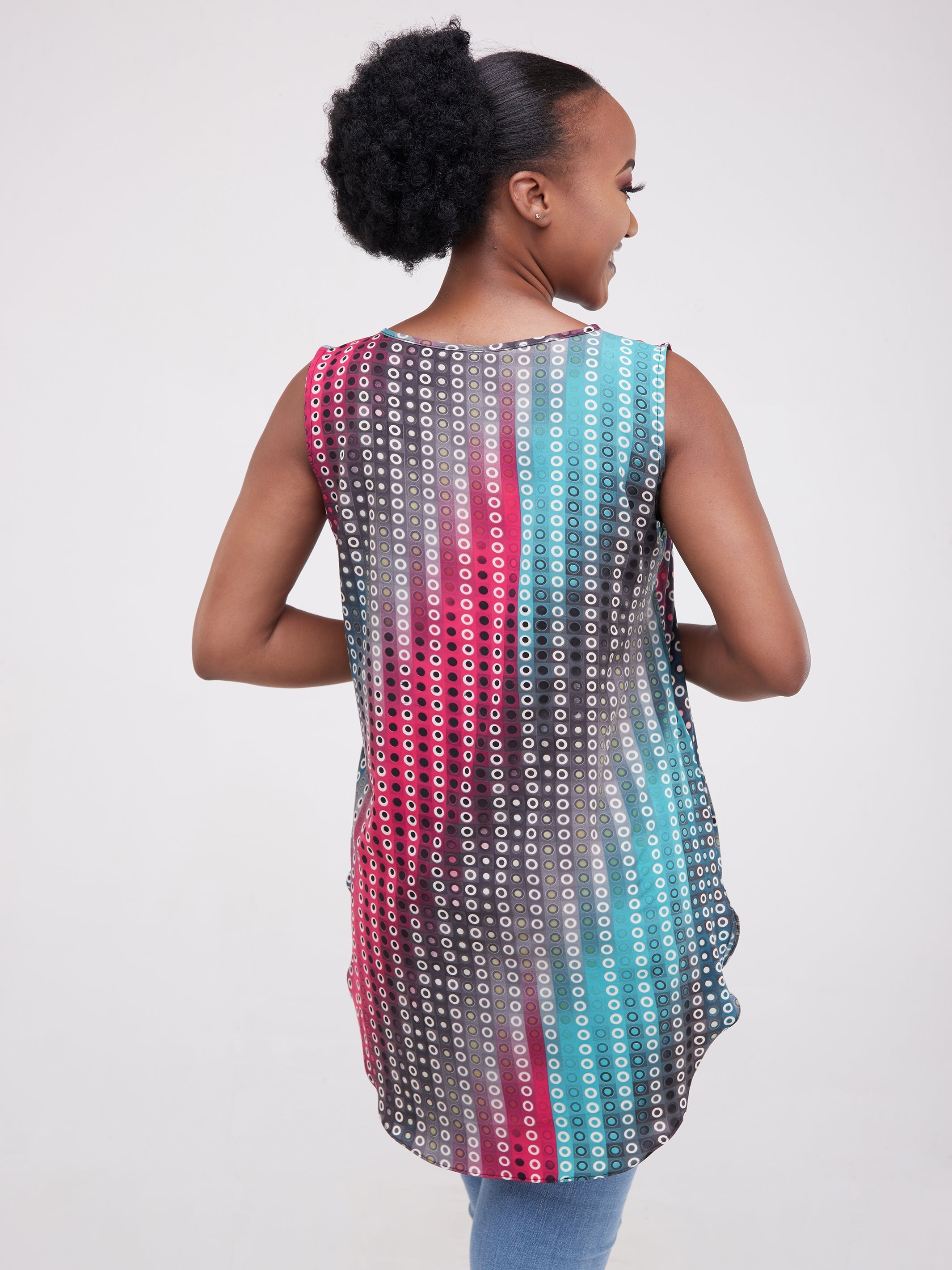 Vivo Tsavo Sleeveless Scalloped Hem Dress Top - Pink / Blue Print