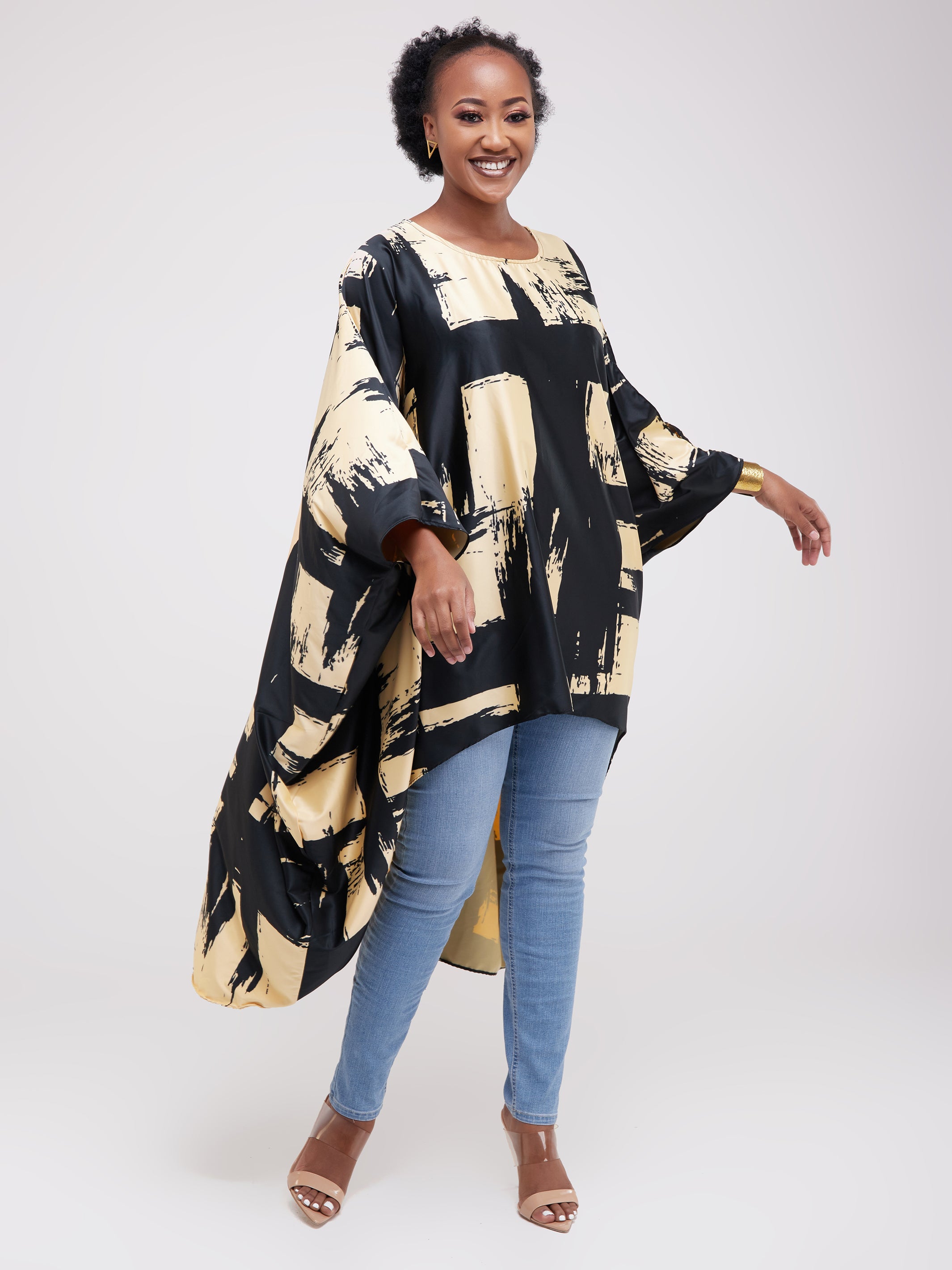 Vivo Lani Wide Satin High Low Dress - Mustard / Black Print