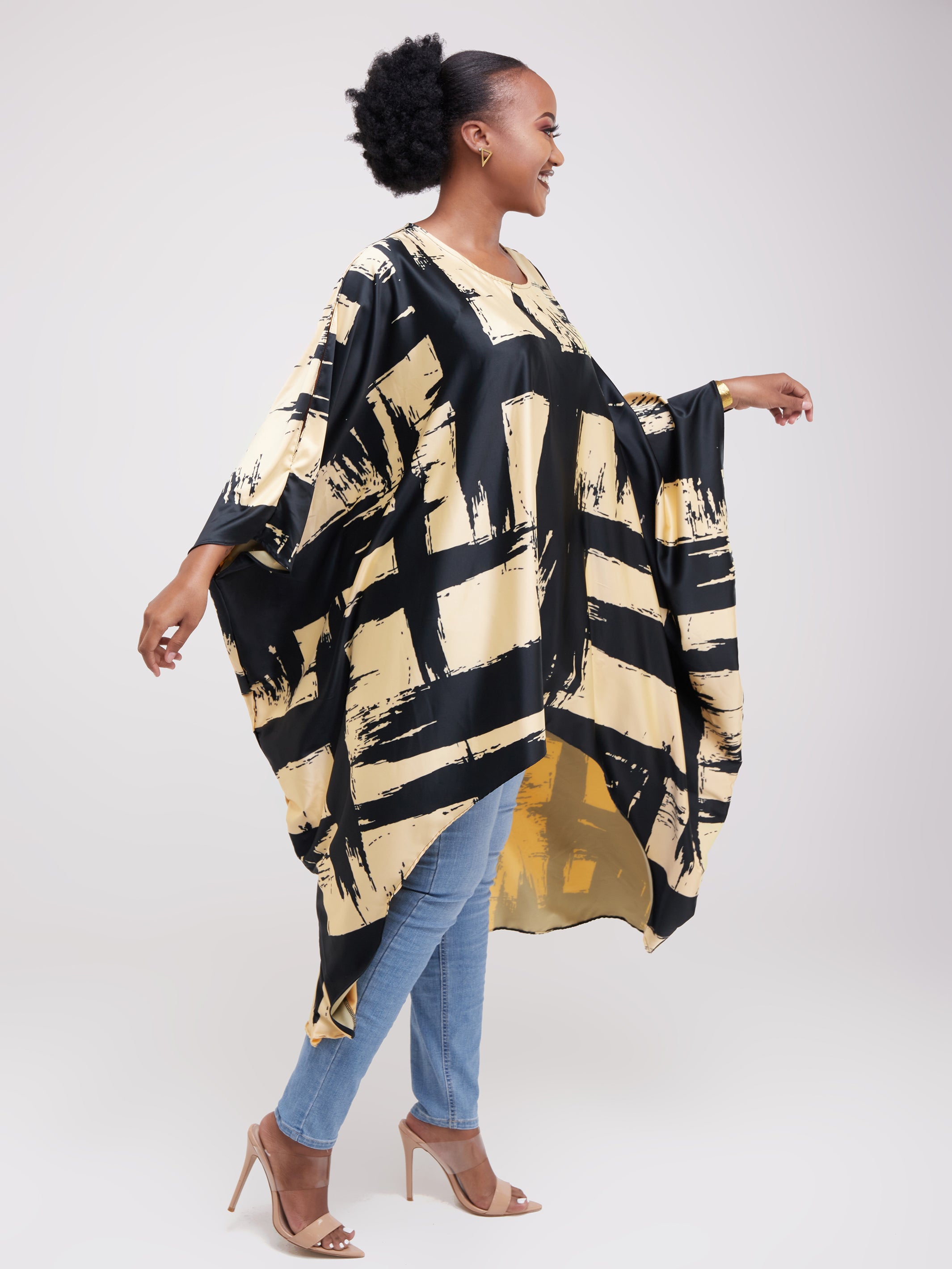 Vivo Lani Wide Satin High Low Dress - Mustard / Black Print
