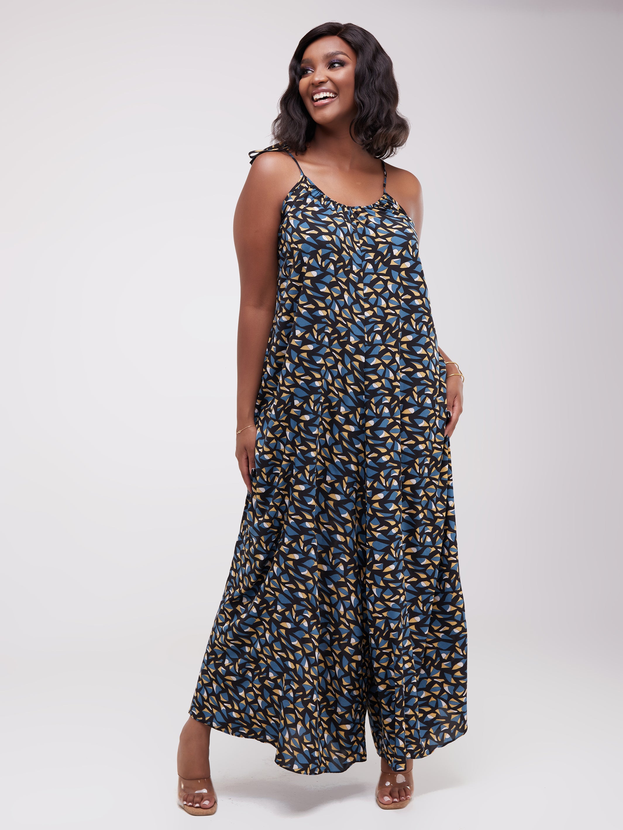 Safari Maisha Strappy Jumpsuit Cover-Up - Black / Teal  Print