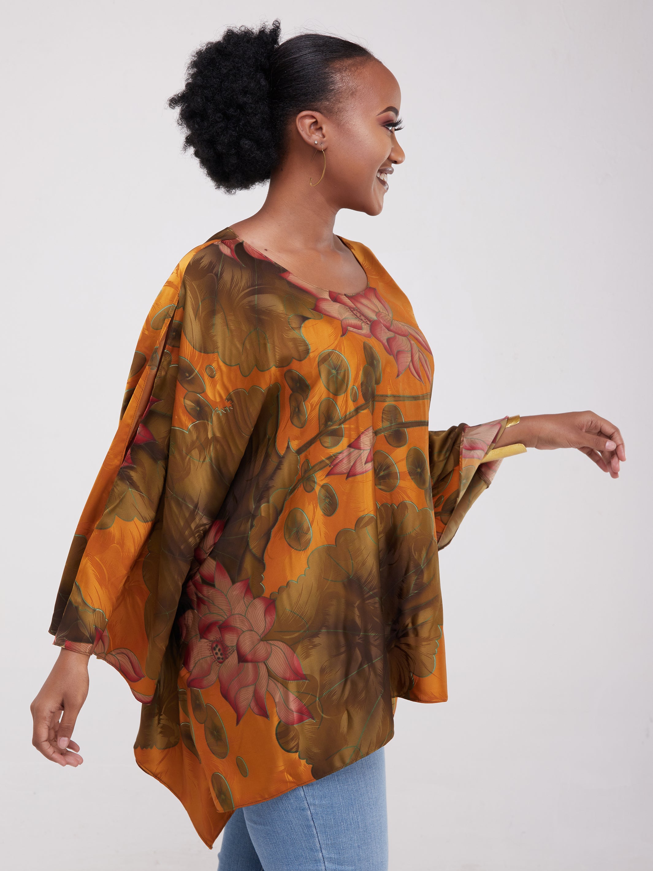 Safari Lamu Satin Top - Red / Brown Print