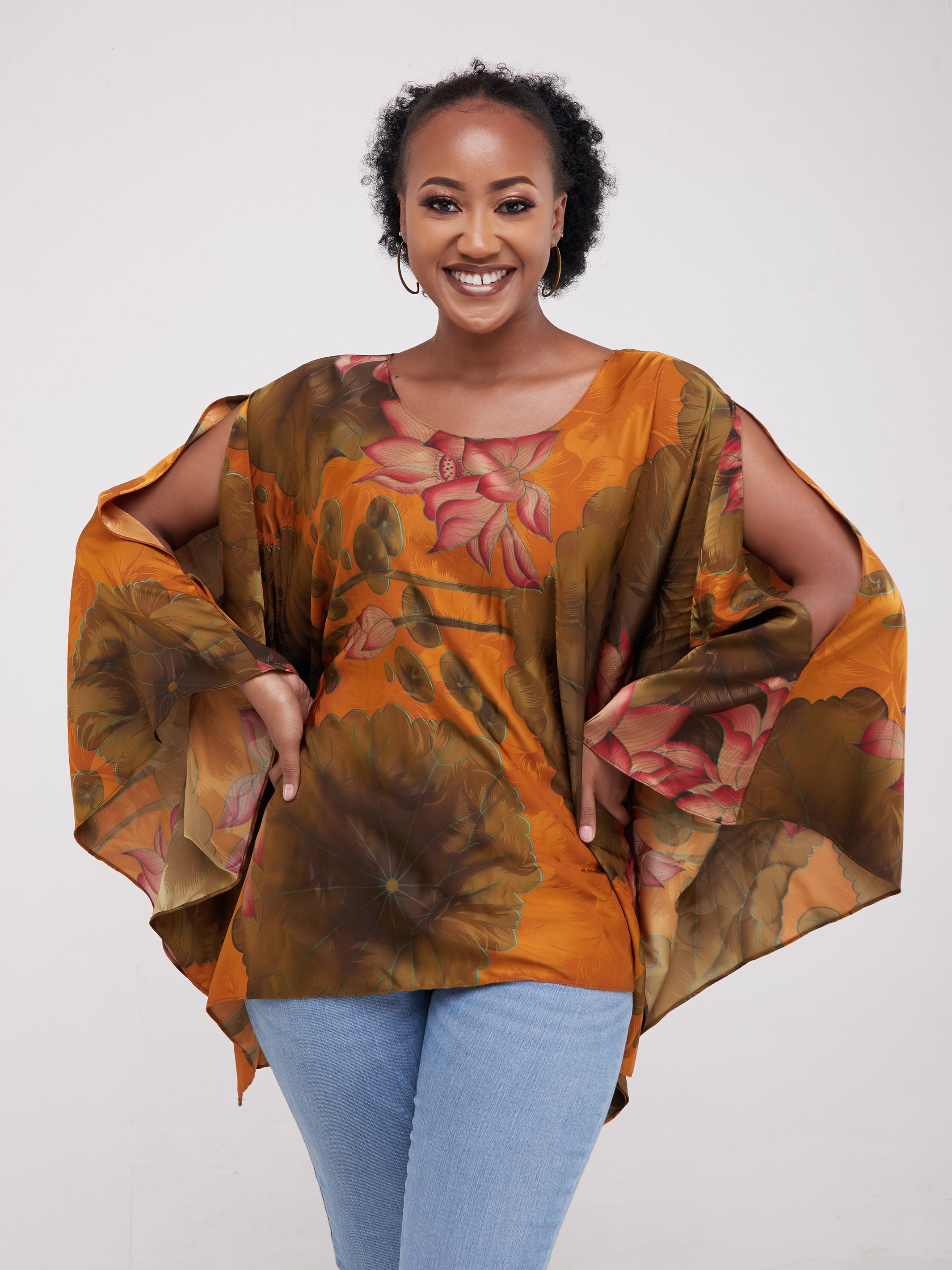 Safari Lamu Satin Top - Red / Brown Print