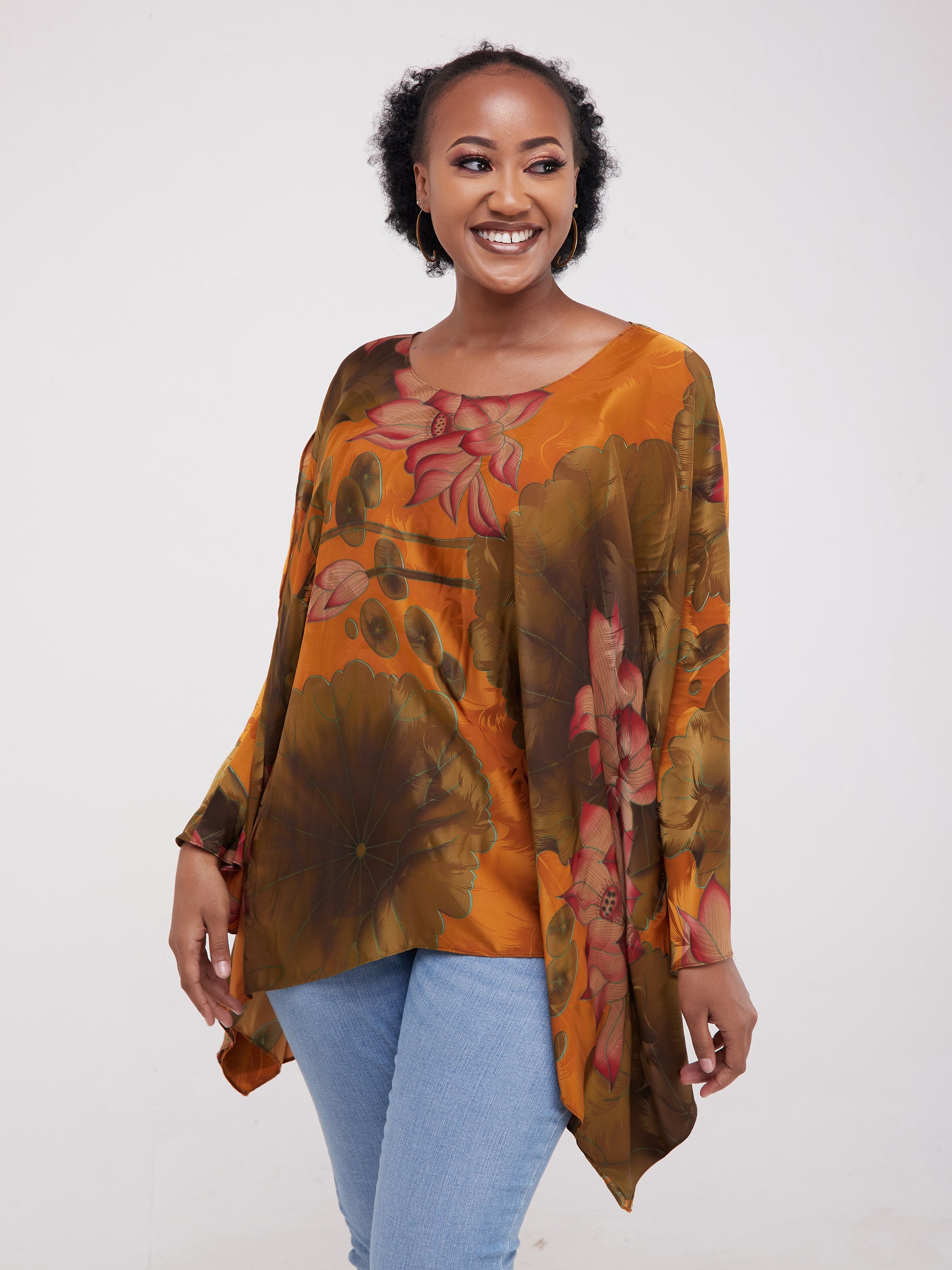 Safari Lamu Satin Top - Red / Brown Print