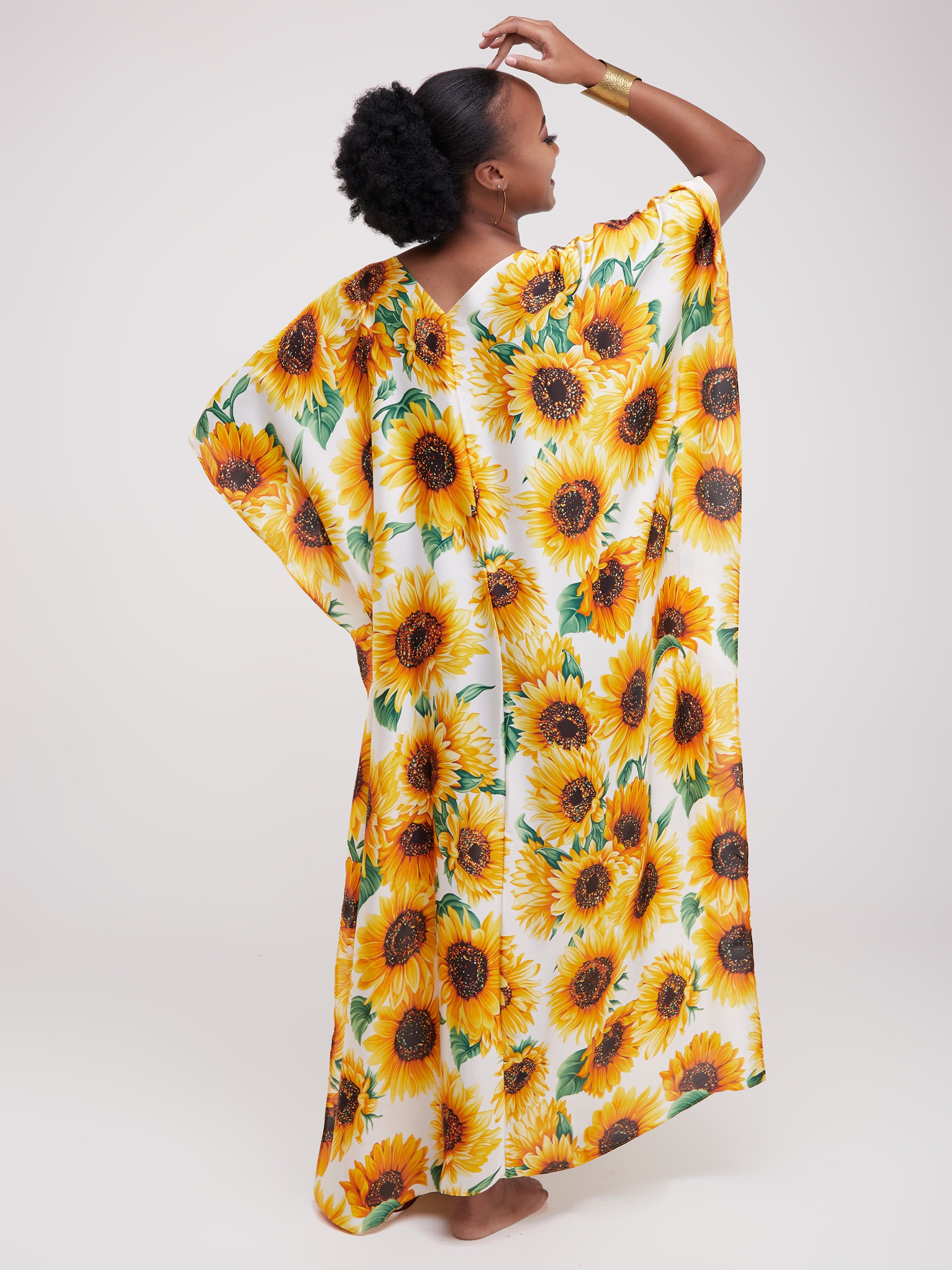 Vivo Basic V-Neck Satin Kaftan - Mustard Print