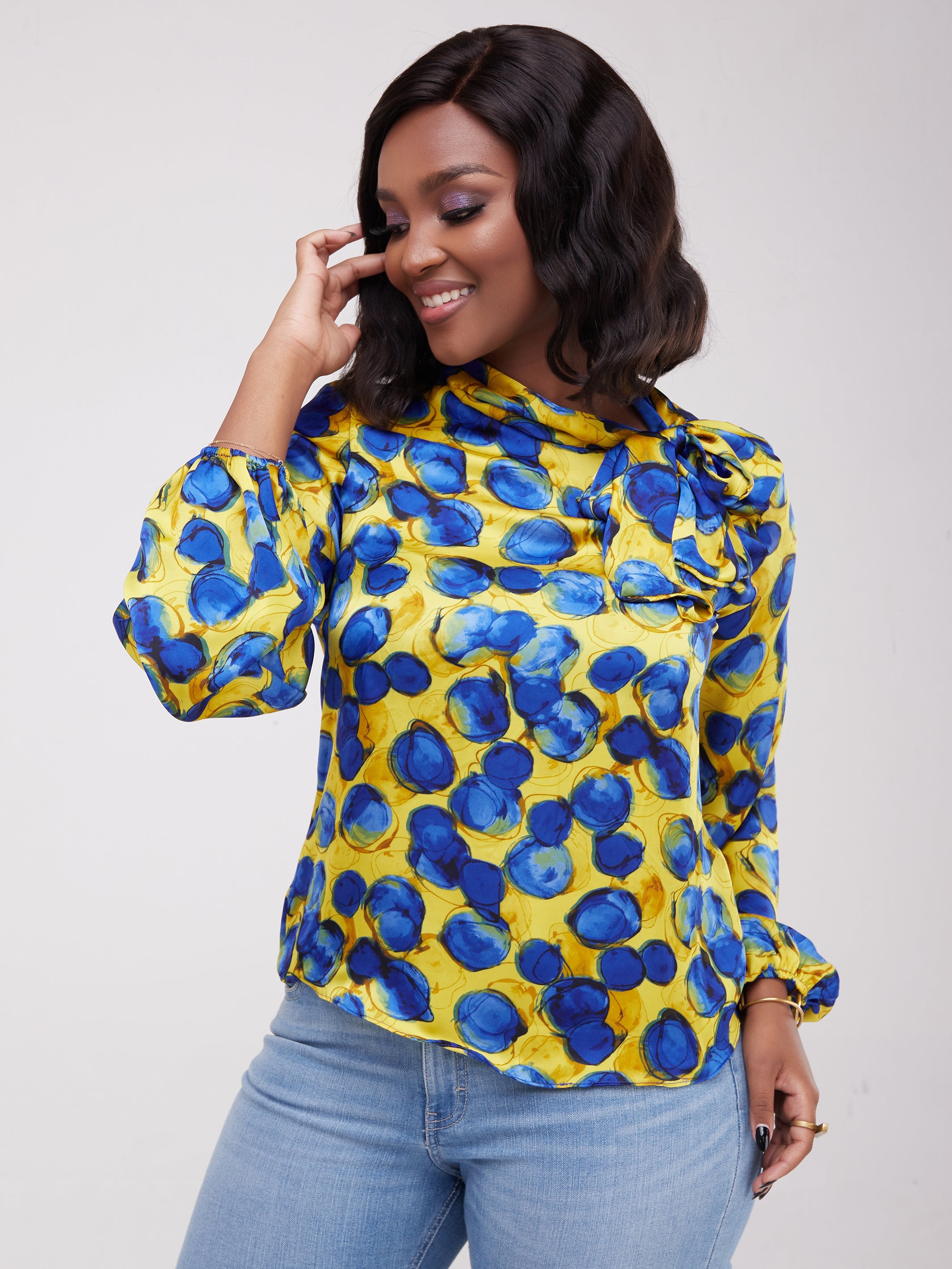 Vivo Bissa Bishop Long Sleeved Top - Blue / Yellow Print