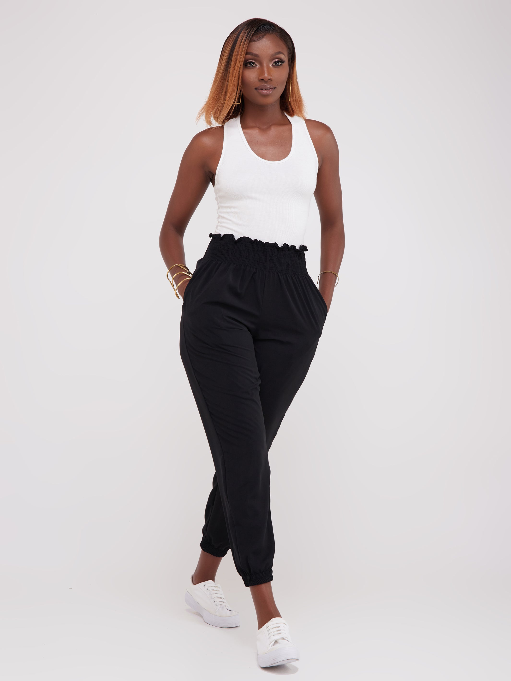 Safari Naima Shirred Waist Jogger Pants - Black