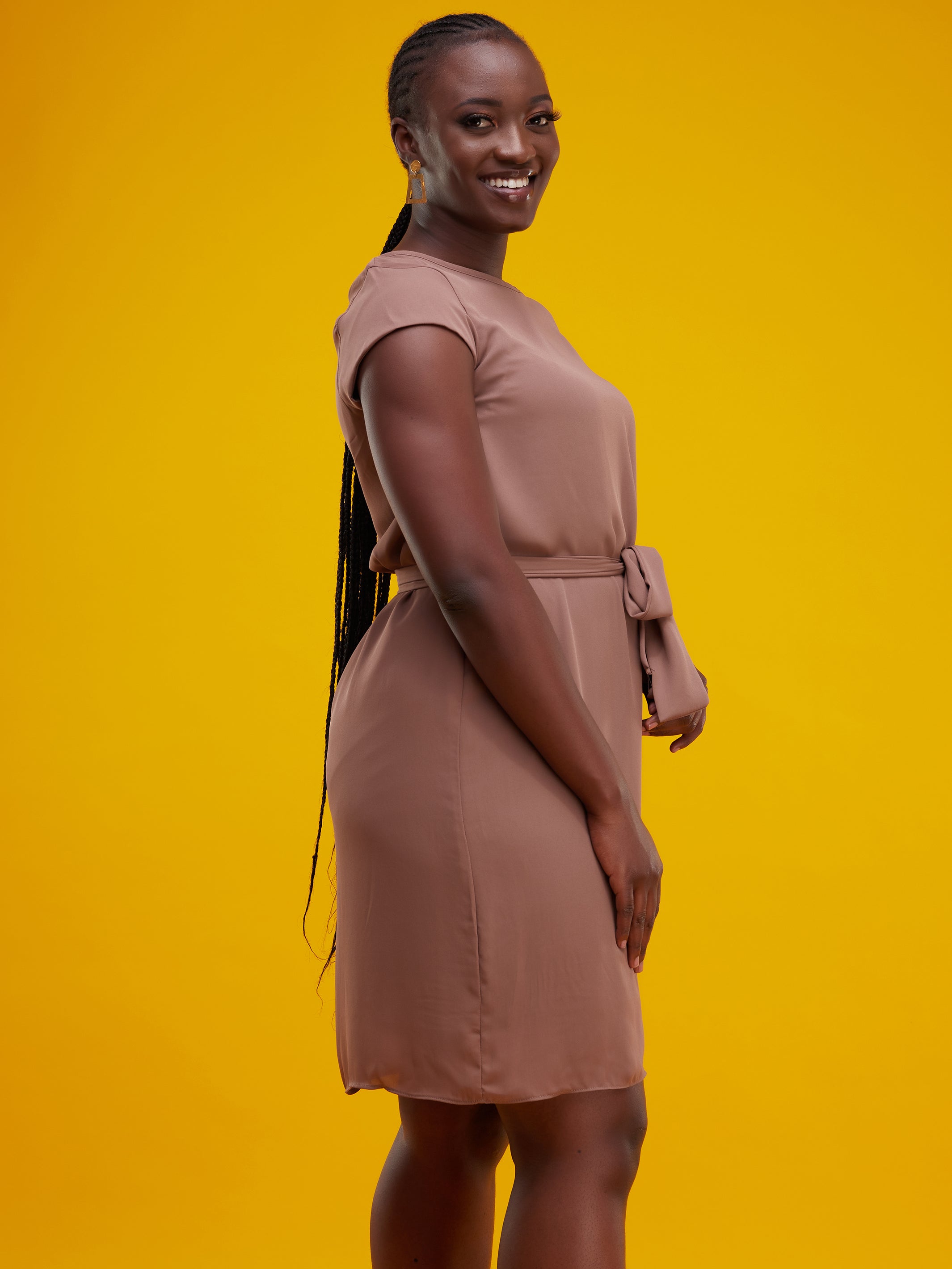 Vivo Muna Cap Sleeved Knee Length Dress - Brown