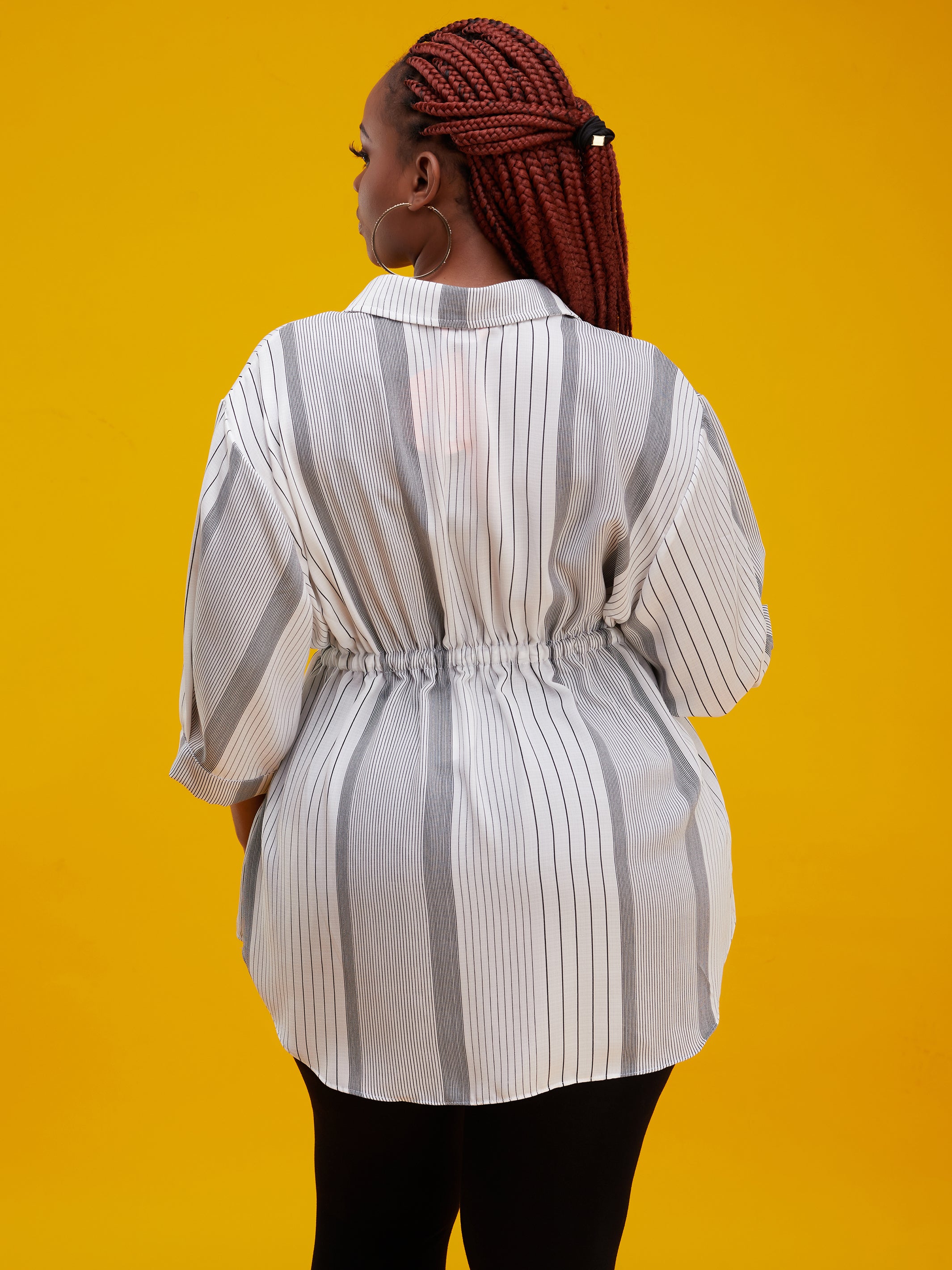 Vivo Lulu 3/4 Sleeve Drawstring Shirt - White / Black Print