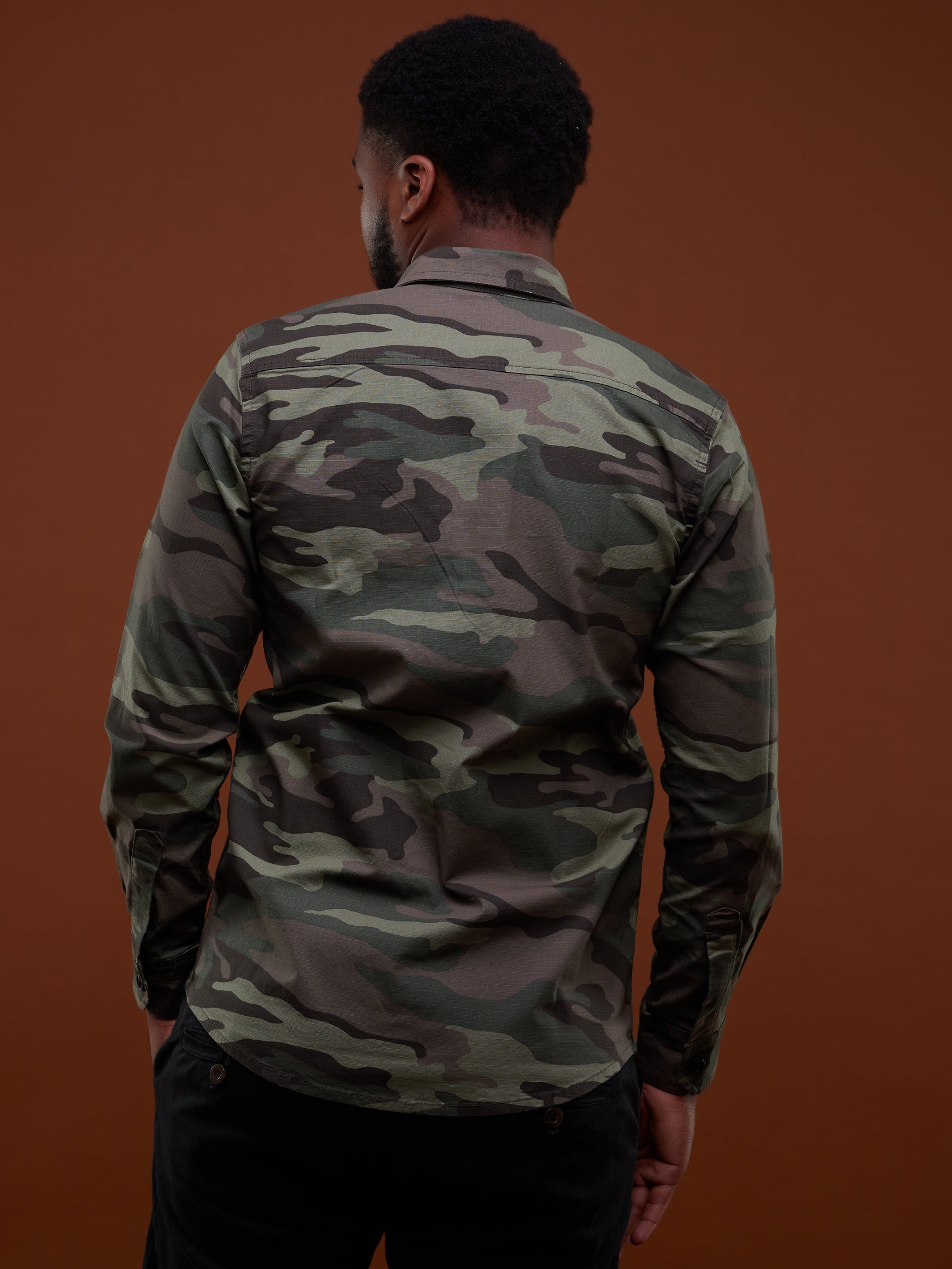 Safari Men's Button Down Shirt - Green Camo Print