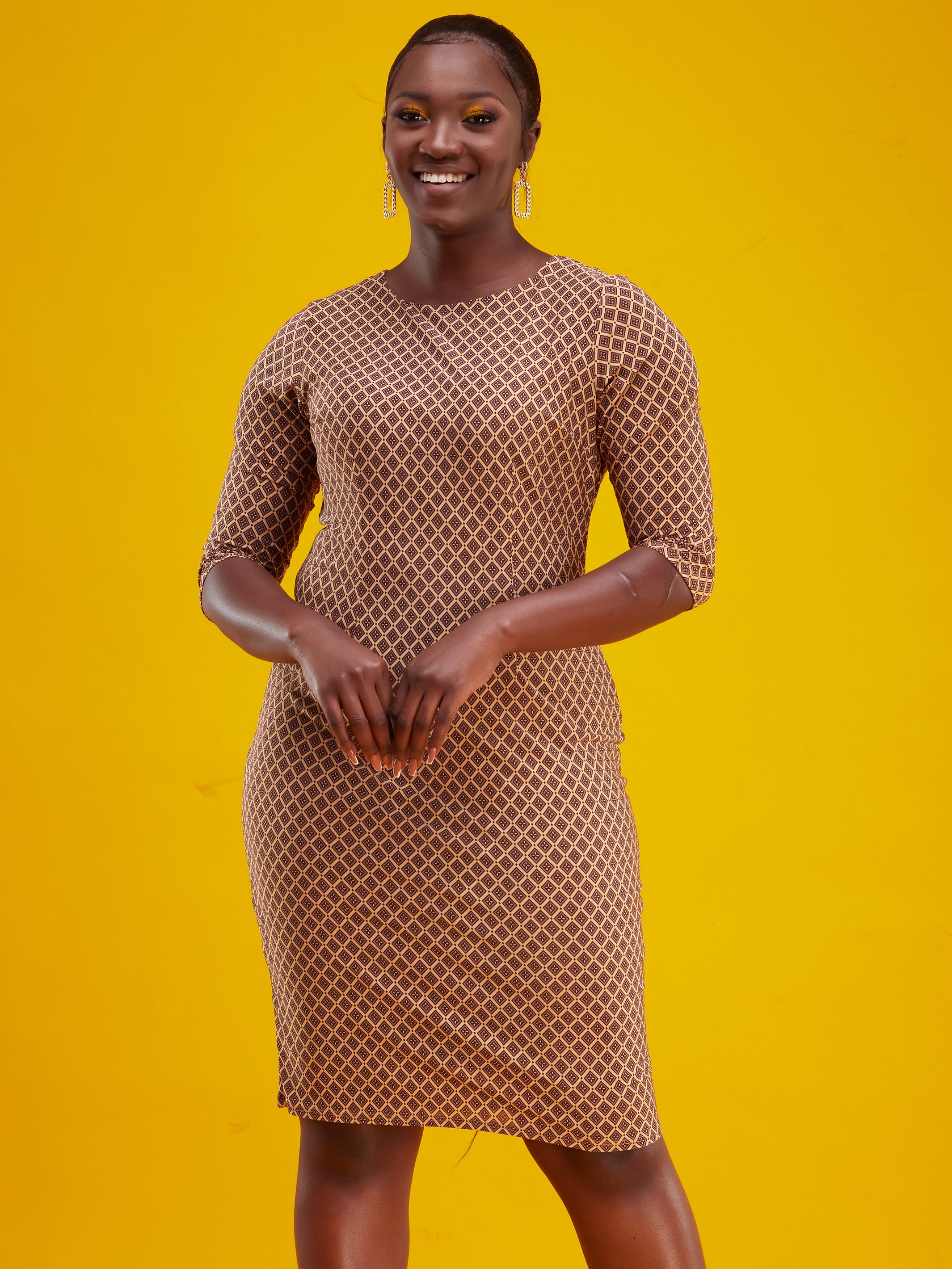 Vivo Muna Sheath Dress - Taupe / Maroon Print