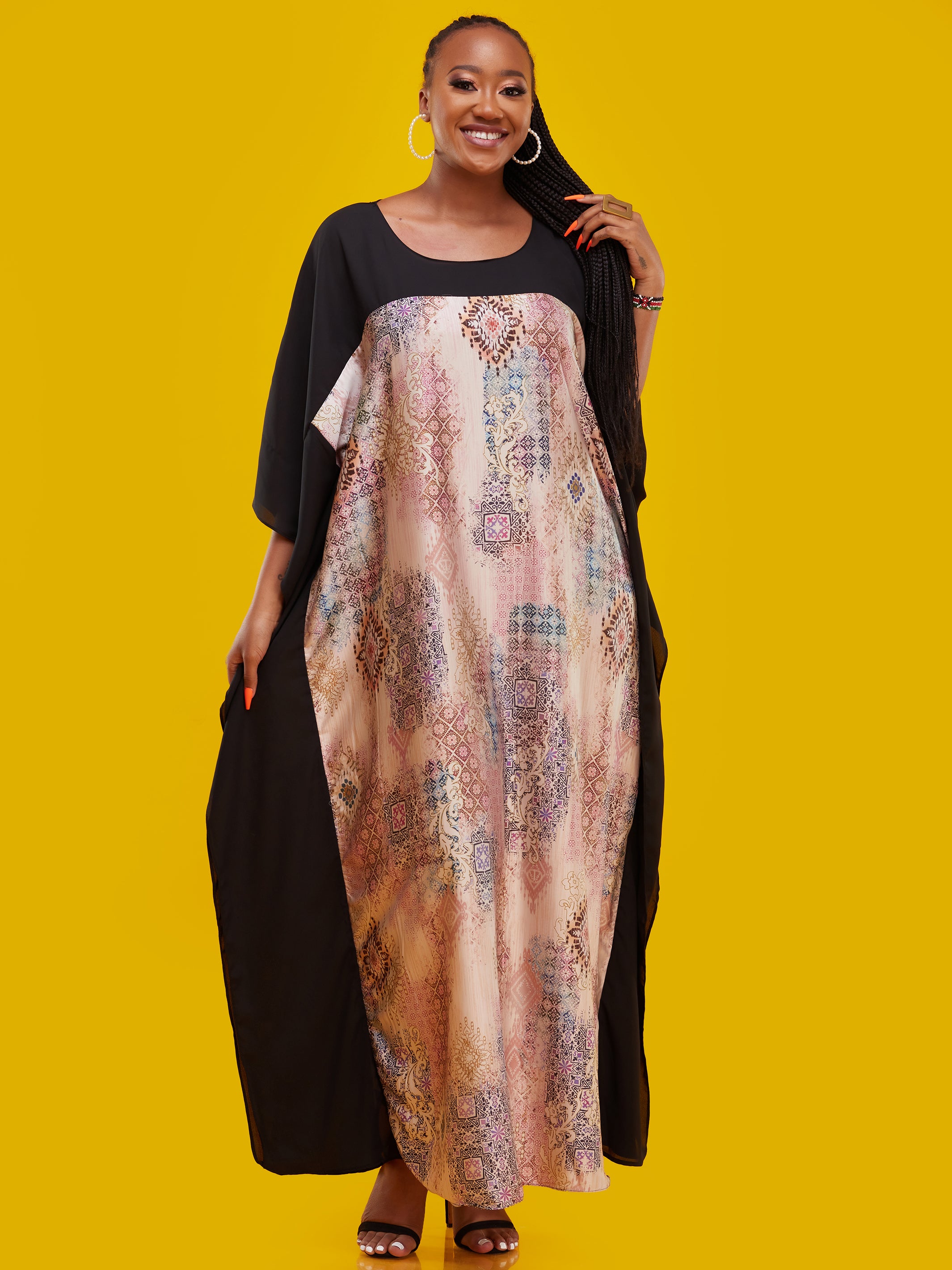 Vivo Watamu Border Maxi Kaftan - Grey / Light Pink Print