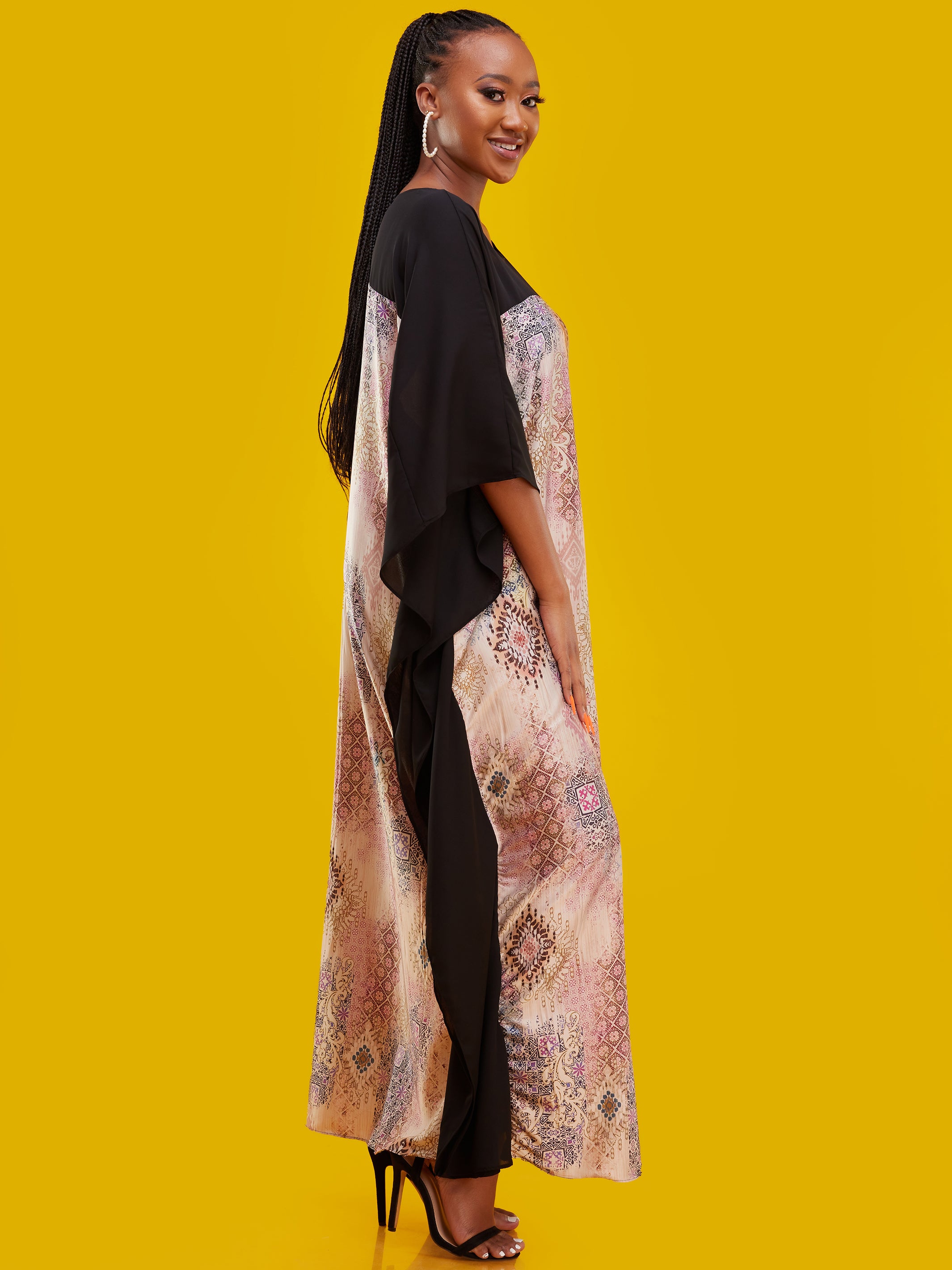 Vivo Watamu Border Maxi Kaftan - Grey / Light Pink Print