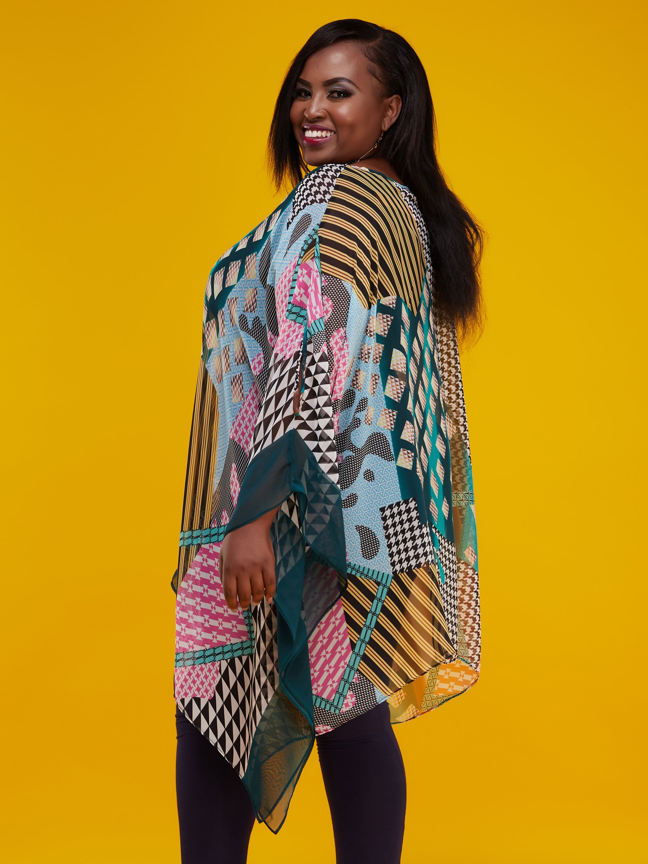 Vivo Basic Wide Loose Top - Dark Green Geometric Print