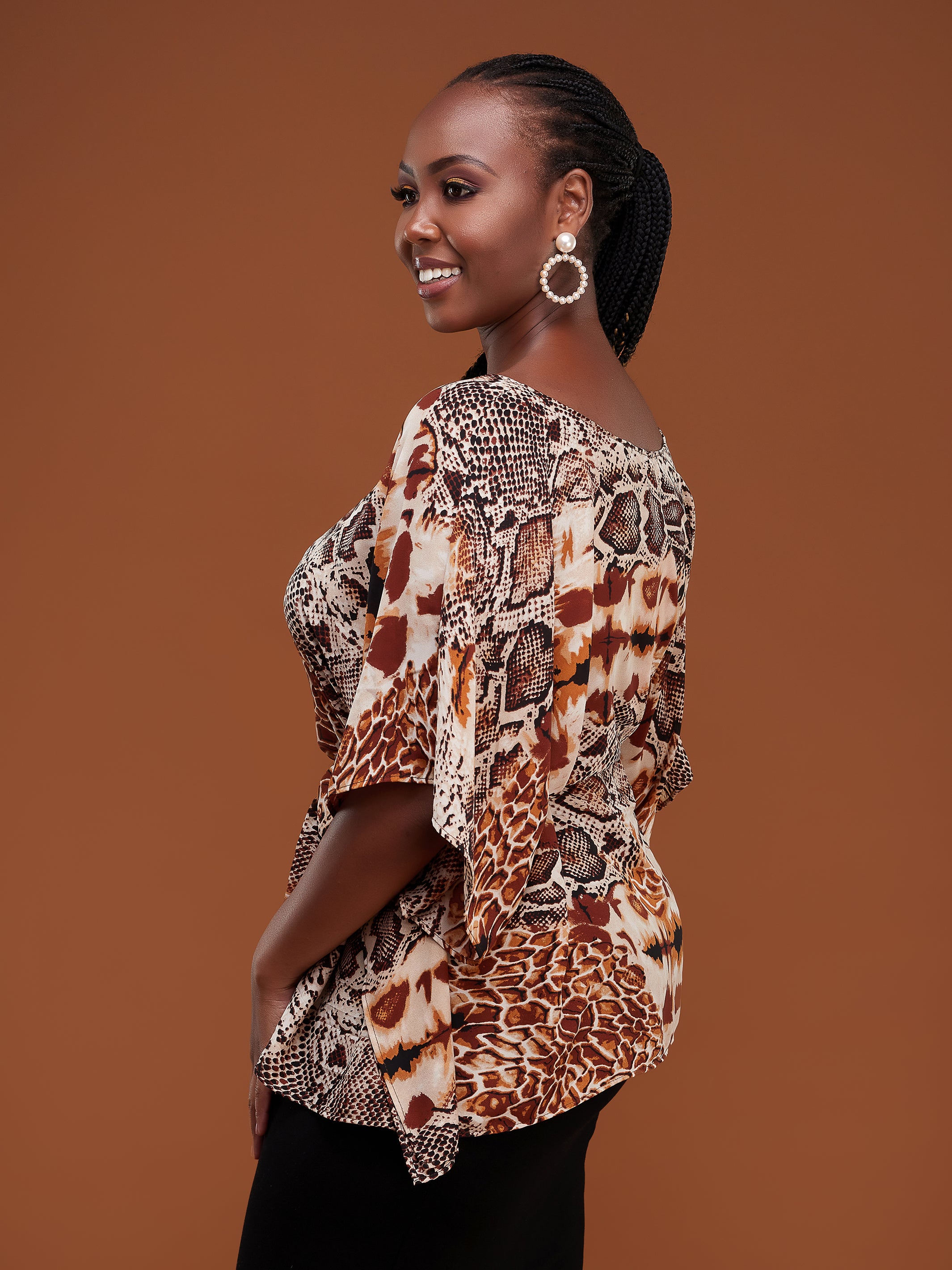 Safari Watamu Loose Chiffon Top - Brown / Rust Print