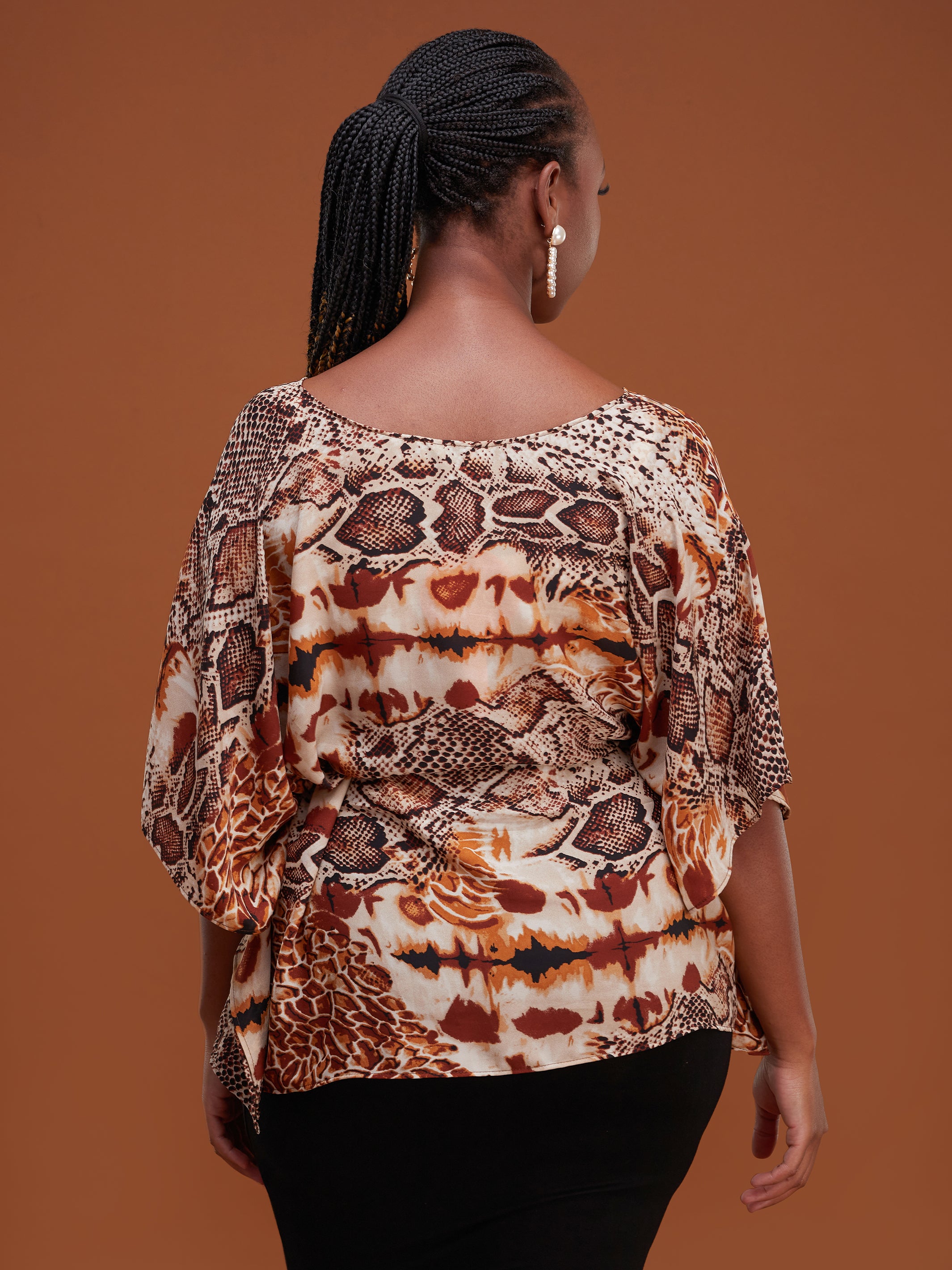Safari Watamu Loose Chiffon Top - Brown / Rust Print