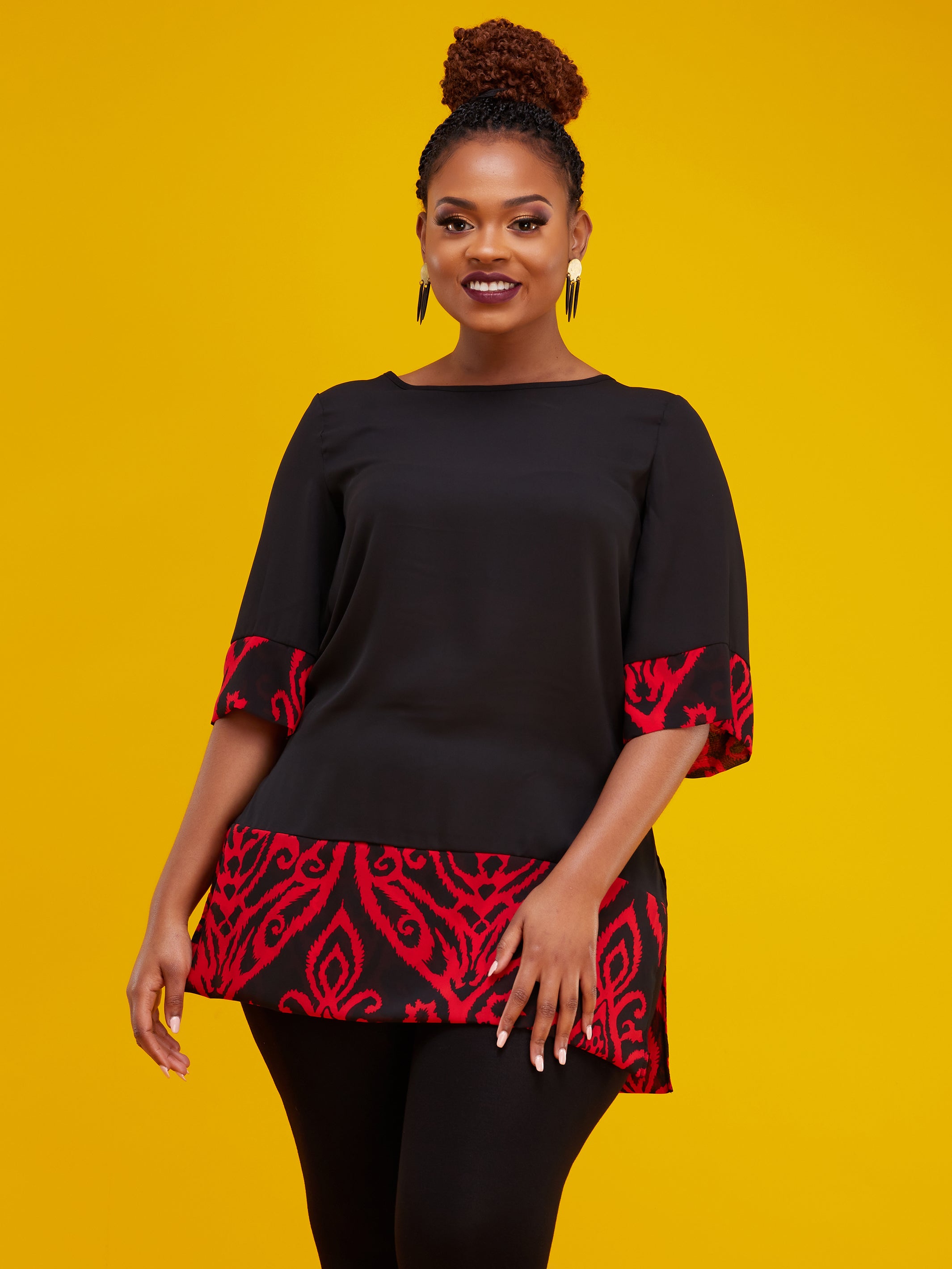 Vivo Zuri 3/4 Sleeve Tent Tunic Top -  Black / Red Print