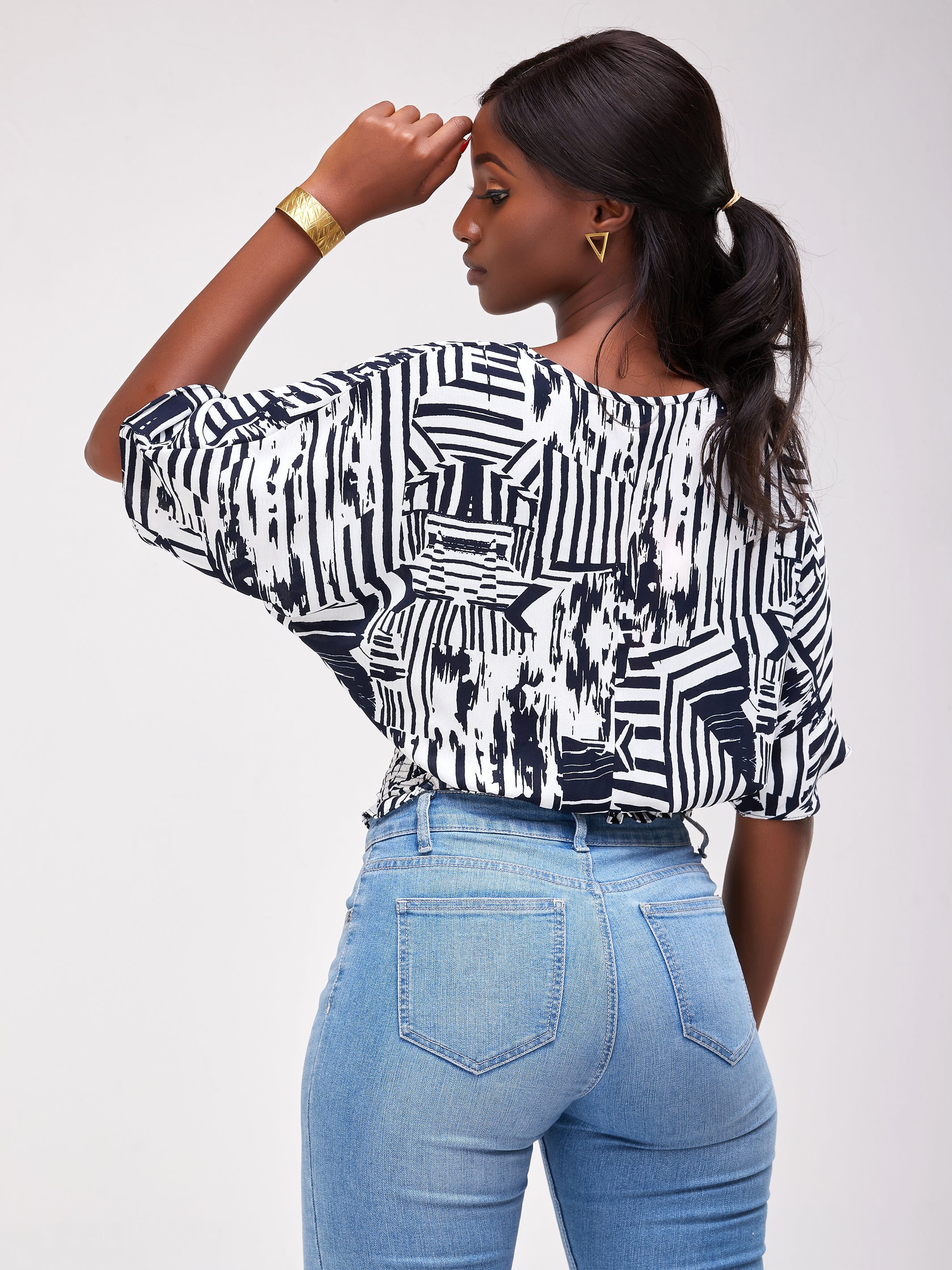 Safari Naima Shirred Waist Chiffon Top - Navy / White Print