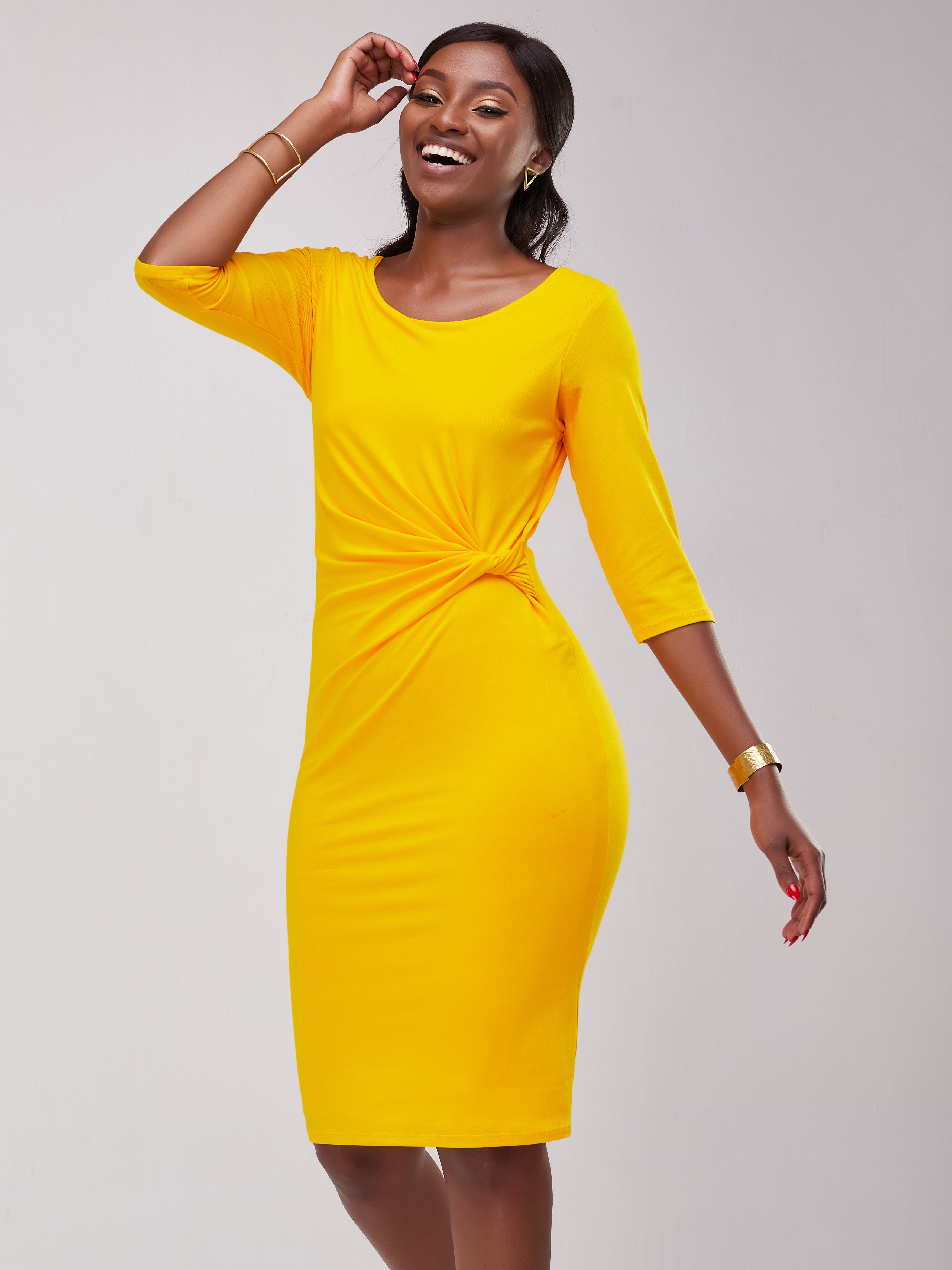 Vivo Basic Side Twist Knee Length Dress - Yellow