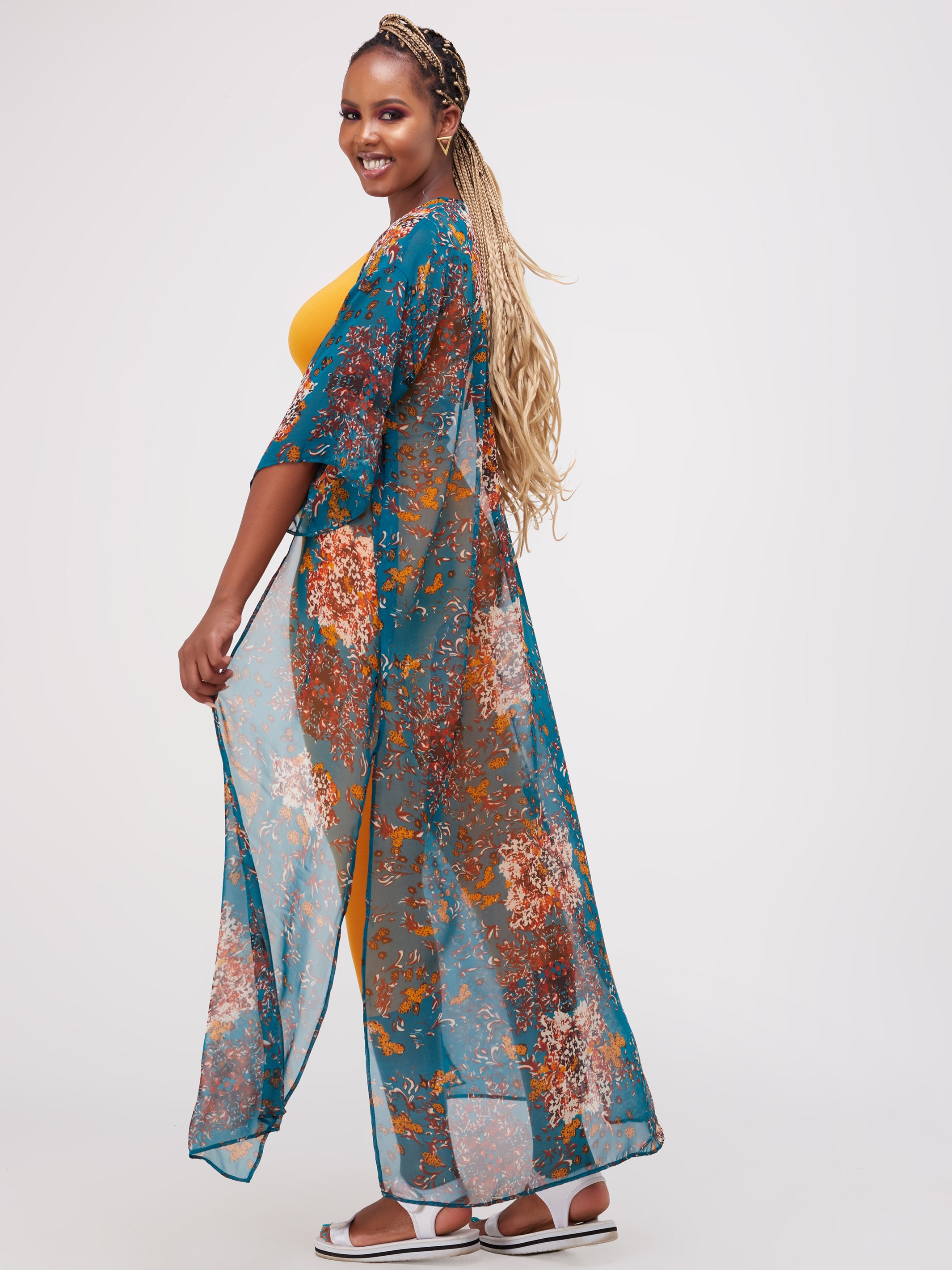 Vivo Basic Nandi High Slit Kimono - Dark Green Print