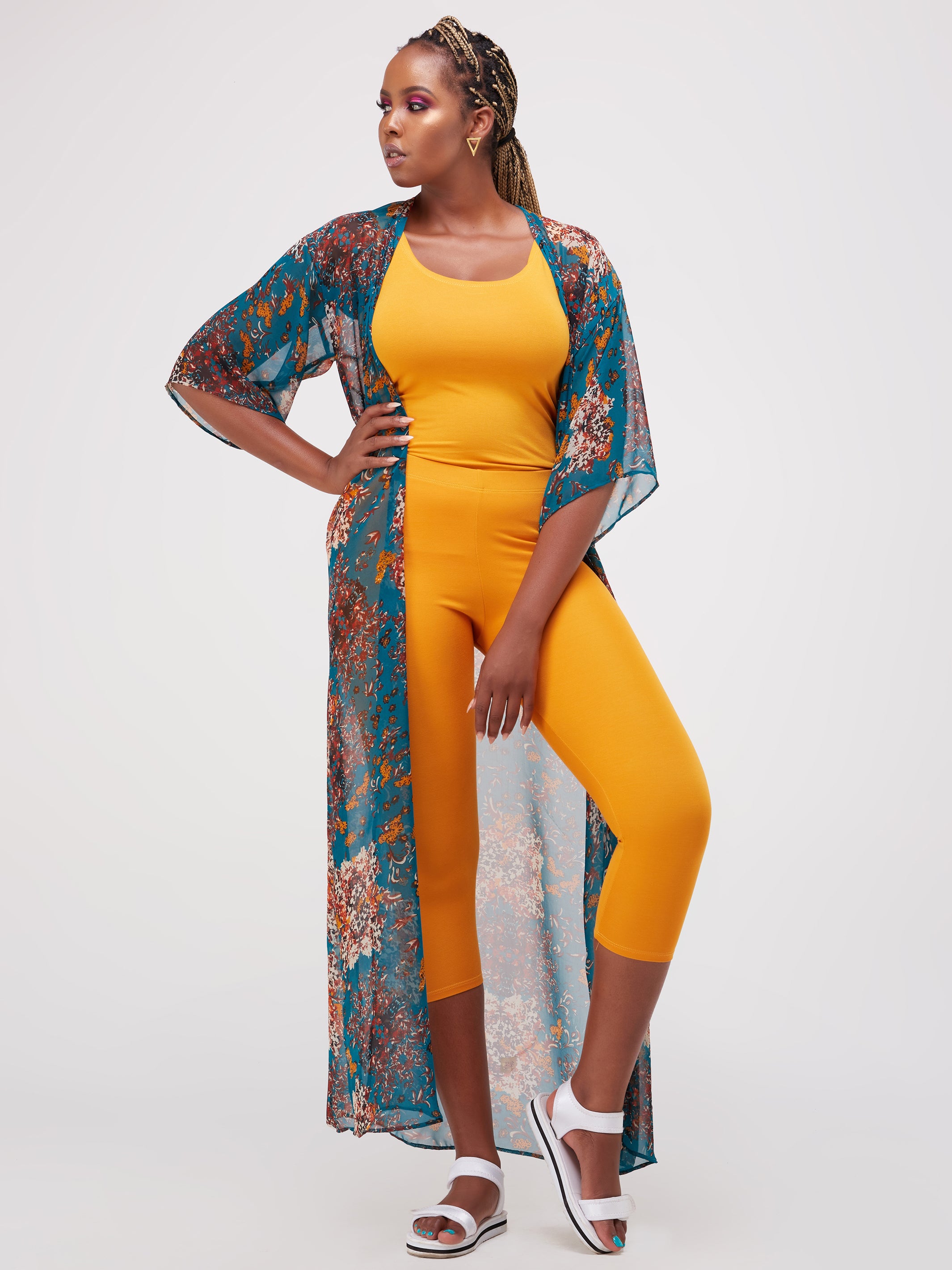 Vivo Basic Nandi High Slit Kimono - Dark Green Print