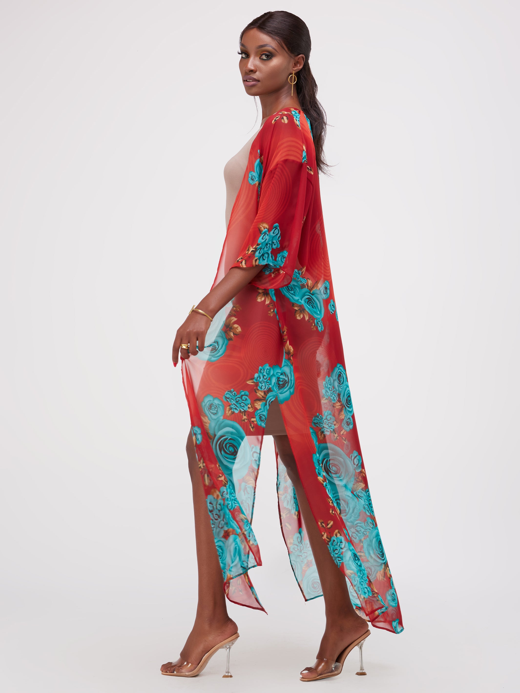 Vivo Basic Nandi High Slit Kimono - Orange/Blue Print