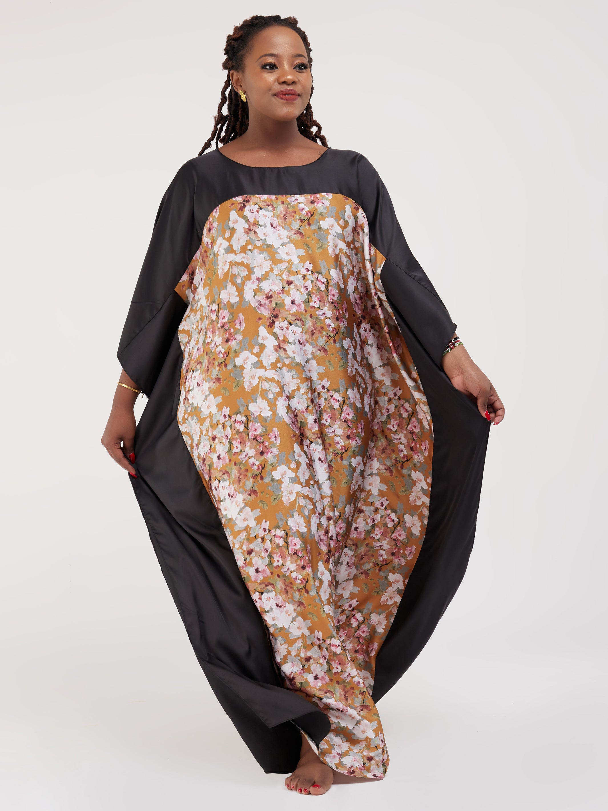 Vivo Watamu Satin Border Maxi Kaftan - Brown / Pink Print