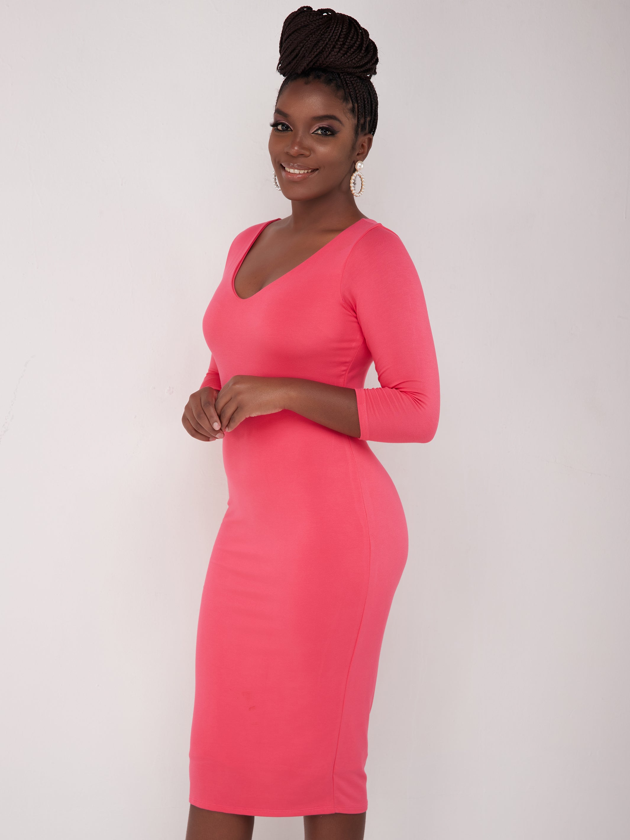 Vivo Basic 3/4 Sleeve Double Layered Bodycon Dress - Coral